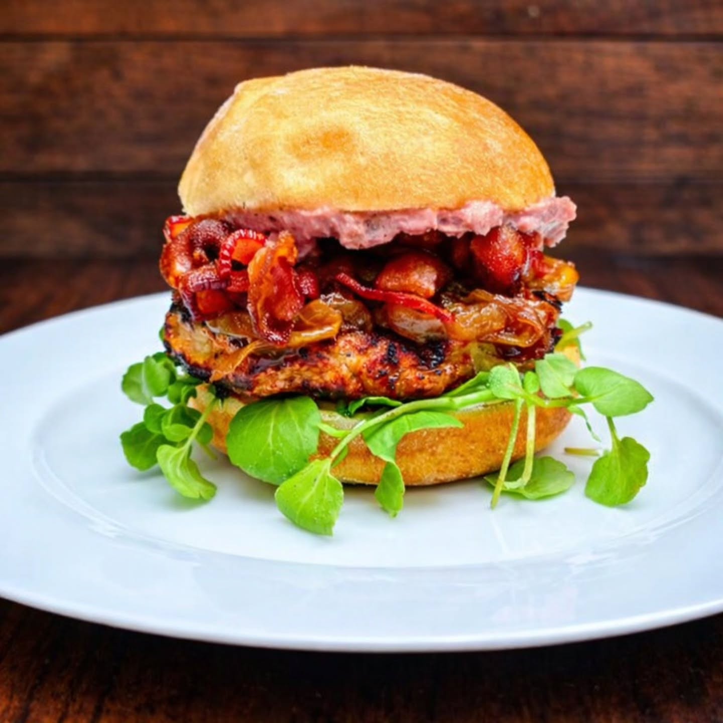 On Special This Week... the New Years Resolution Burger!
Grilled Turkey Burger topped with Fig Boursin Spread, Carmelized Onions, Nueske's Applewood Smoked Bacon & Watercress on a Potato Bun with Choice of Side.