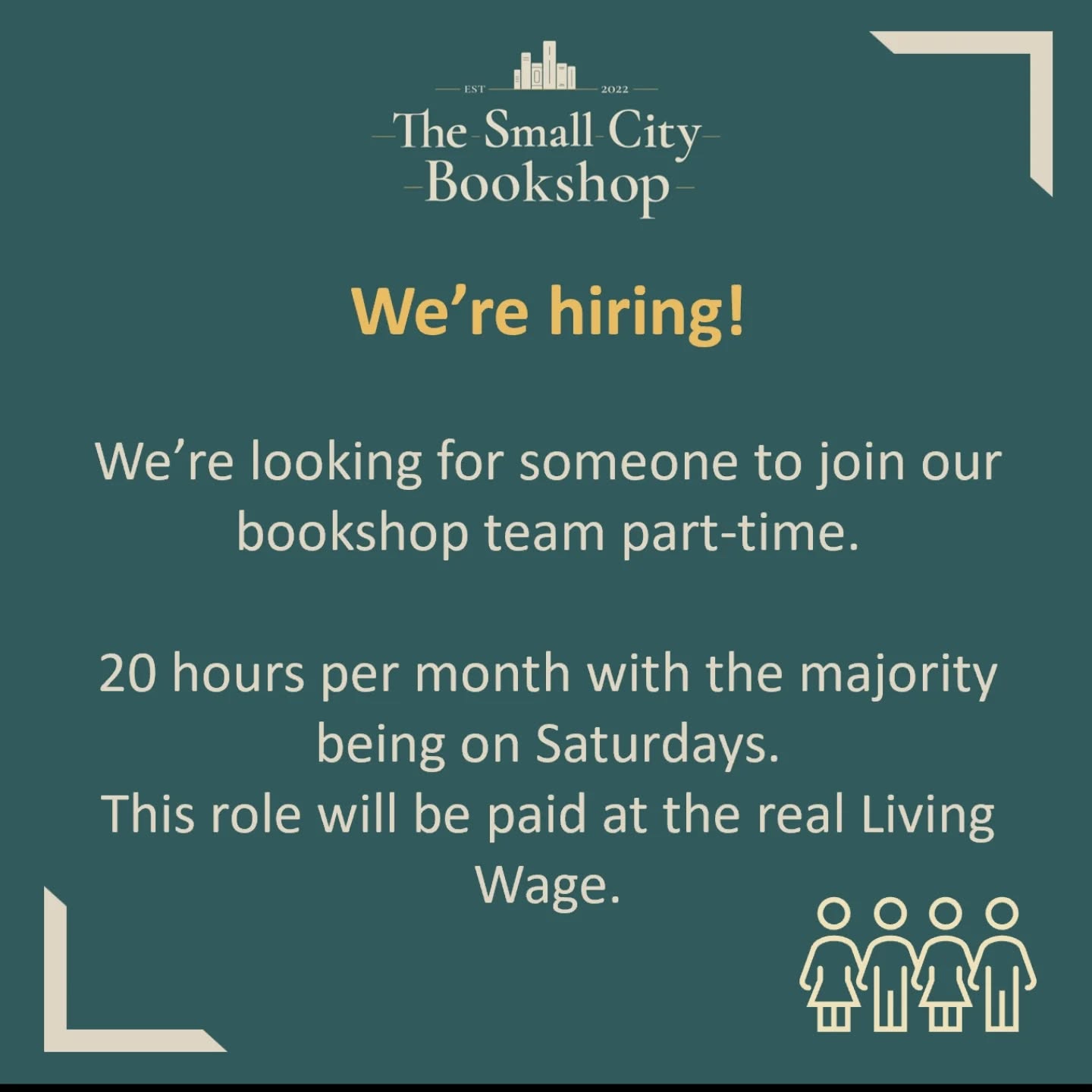 We're hiring!
We're looking for someone to join our bookshop team part-time.
It's 20hrs a month with the majority being on Saturdays, and the role will be paid at the real Living Wage.
You don't need to have any bookselling experience - we are looking for someone who is passionate about books and reading.
Send your CV to hello@thesmallcitybookshop.co.uk by Friday 16th January.