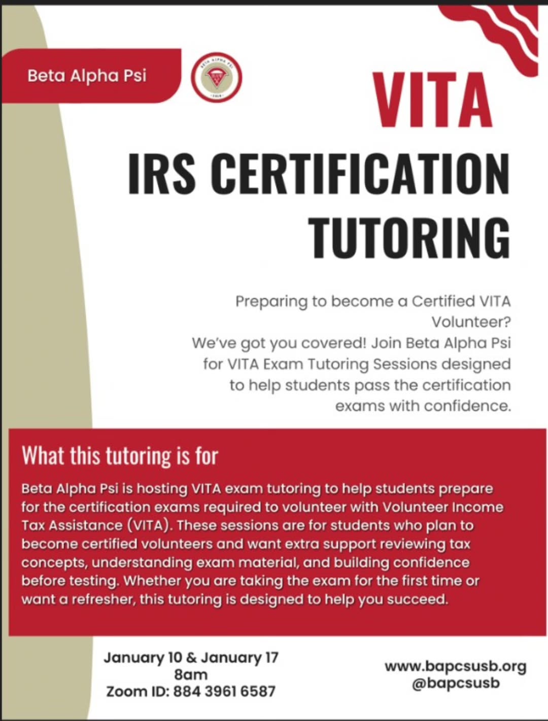 We would like to invite all members to get some VITA experience, if your interested please attend our tutoring hours for further guidance on Vita certifications. Hope to see you there !!
@jhbcimpact
@csusb