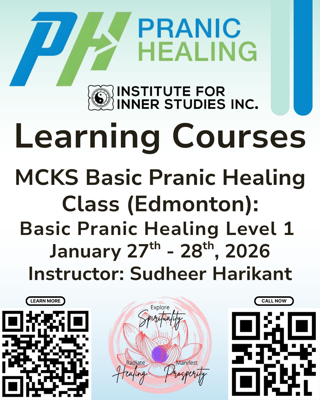 MCKS Basic Pranic Healing Class (Edmonton):
Course Dates: 27th and 28th January 2026 (9am to 6pm)
Venue: 172 Hemingway road NW, Edmonton, T6M 2Y8
Instructor: Sudheer Harikant
Contact: Sudheerharikant@gmail.com, 780-709-7503
Course fees: NEW: CAD 441.00 (including GST), REVIEW: $183.75 (including GST), contact instructor for available payment plan options
Details: Basic Pranic Healing Level 1 explains the structure of the energy body and chakra system. You will learn the basics of working with your energy aura, including learning to "scan" or feel the energy and much more.
#PranicHealing is a simple & comprehensive system of natural healing techniques that accelerate the body’s natural healing process.
• #SpiritualHealing
• #RadiateHealing
• #ManifestProsperity
• #MeditationHealing
🌐www.pranichealingalberta.org
📱Edmonton: Sudheer 780-709-7503 or David 780-982-1809
📱Calgary: Allison 403-891-3035
#EnergyHealing #ChakraHealing #InnerPeace #HolisticWellness #HealingEnergy #WellnessJourney #EnergyClearing #HealingFromWithin