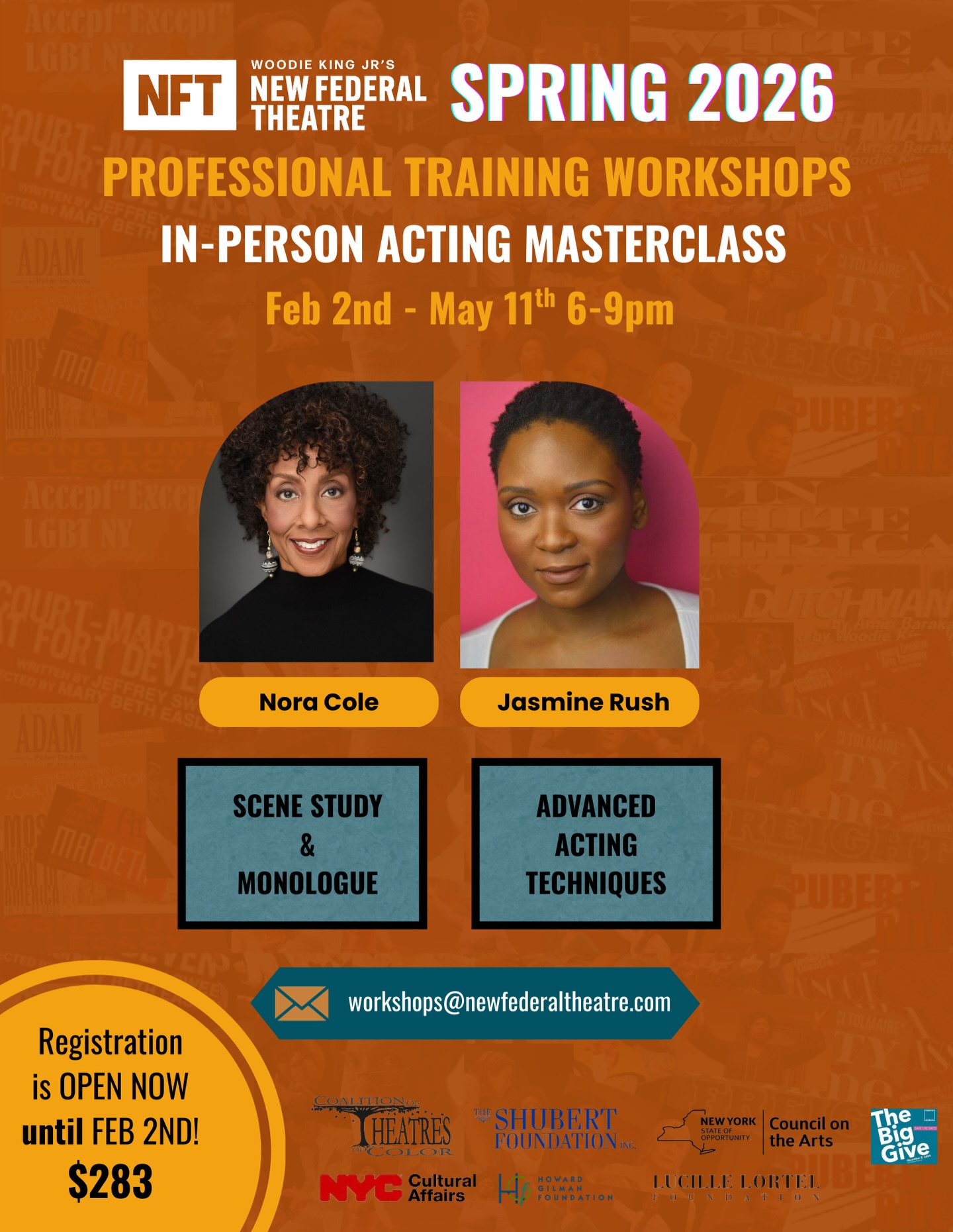 Actors, this one’s for you!
New Federal Theatre’s Professional Training Workshops are here for Spring 2026!
In-Person Acting Classes
Scene Study & Monologue with Nora Cole
Advanced Acting Techniques with Jasmine Rush
Feb 2 – May 11, 2026
Mondays 6–9 PM (EST)
Only $283! (For both semesters!)
Study with master teachers Nora Cole and Jasmine Rush, and take your craft to the next level.
Registration closes FEB 2nd → spots are limited!
Learn more & register: newfederaltheatre.com
For further inquiries, email: workshops@newfederaltheatre.com
#NewFederalTheatre #ActingClasses #TheatreTraining #ActorsLife