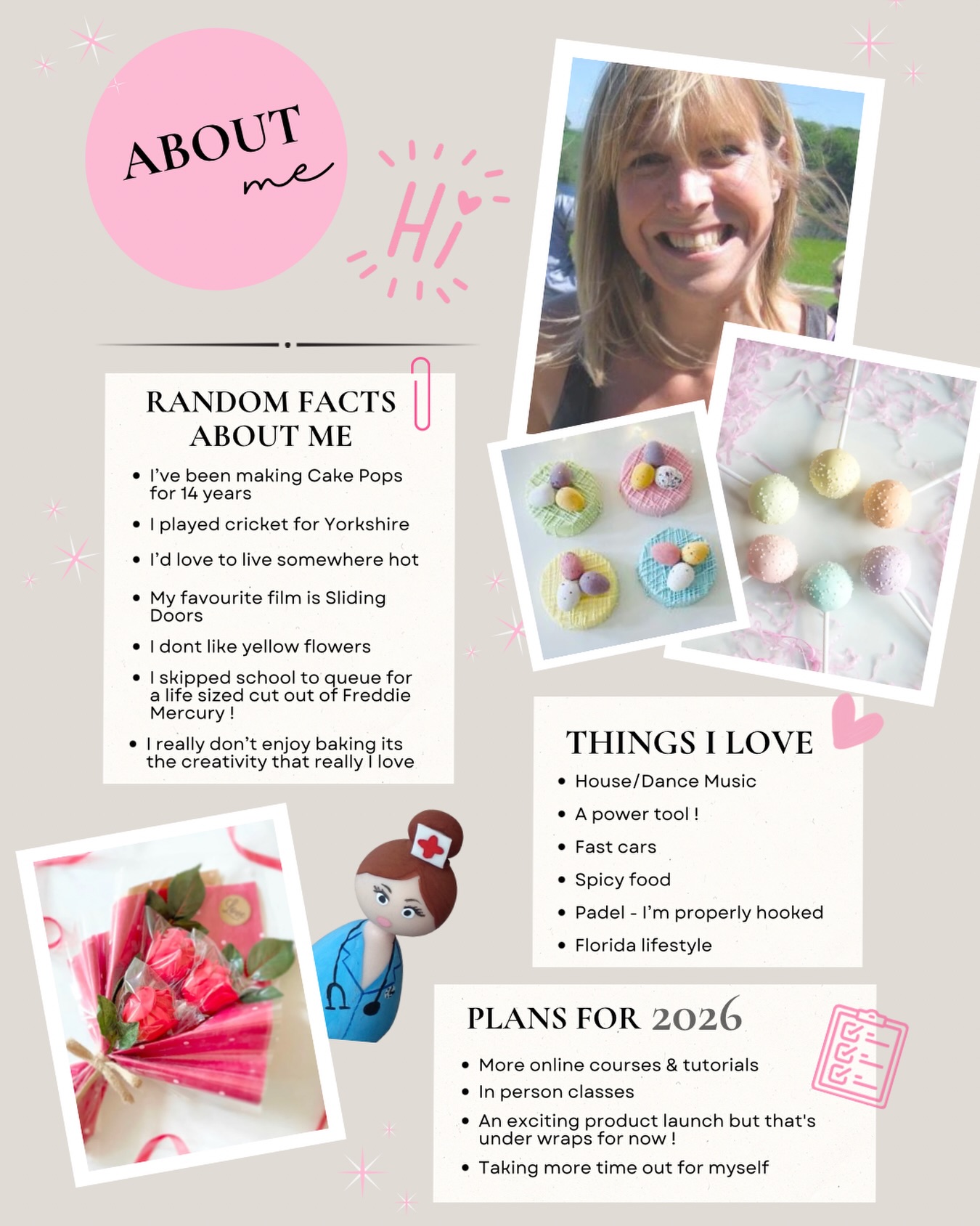 ✨ Hey, I thought I’d reintroduce myself. I’m Helen, the face behind Popalicious Cake Pops✨
So, some random facts about me: I’ve been making cake pops for 14 years 🍡 (it’s the creativity I love, not the baking 😅). I played cricket for Yorkshire. I don’t like yellow flowers (yep random😆). One day I’d love to live somewhere hot☀️
Things I really love: dance music, fast cars, padel (I’m addicted😬), holidays in the sun ☀️
2026 is all about pivotal growth and taking the business down a slightly new path. I’ve got more online courses and tutorials, bakery business downloads and I’ve been busy developing a new confectionary product (shh 🤫).
More importantly though this year, I’m taking more time out for myself. After a tough 2025, losing too many people important to me, it really put life into perspective, and I’m ready to focus more on what truly matters and slowing down actual cake popping a bit 💛
Here’s to a slightly new but exciting chapter for Popalicious 🥳-x-