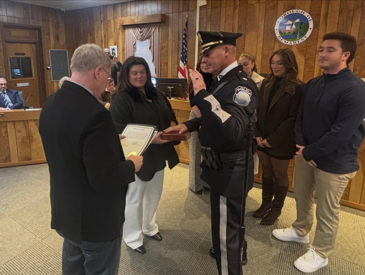 The Demarest Police Department is proud to begin the new year with new beginnings.
Today, January 6, 2026, Frank Visaggio was officially sworn in as Chief of the Demarest Police Department. Chief Visaggio has proudly served the Demarest community for 28 years and is a highly decorated officer. We thank him for his continued dedication and congratulate both him and his family.
DPD is also proud to announce the promotion of former Captain Brian Talty to Deputy Chief. Deputy Chief Talty has served the Demarest community for 24 years and has contributed to the department in countless ways throughout his career. Congratulations to Deputy Chief Talty and his family on this achievement.