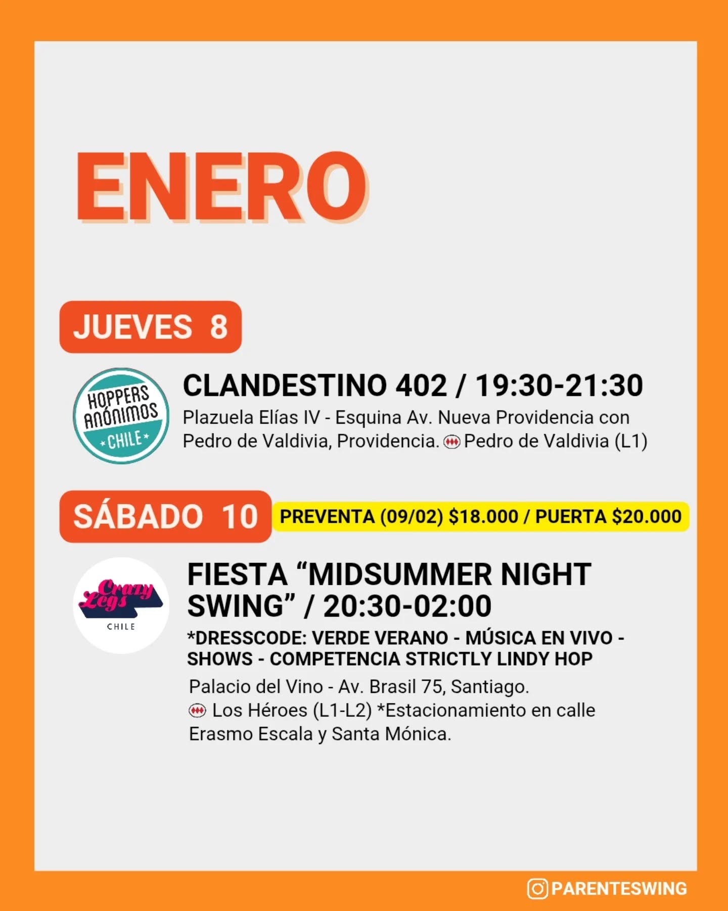 ✨Todos los eventos son gratuitos y abiertos a todo público, a menos que se indique valor de entrada 💸
‼️Cualquier modificación o nuevo evento en los comentarios👇🏻 y/o por historias 👆🏻
🤔 Qué es un Clandestino o Baile Social?
Una instancia donde fanáticos de los bailes swing (Lindy hop, Balboa, Shag, Solo jazz) se reunen a compartir, hacer comunidad y a la vez, practicar.
❌ Las actividades publicadas NO son instancias de clases para aprender a bailar, a menos que se indique “Taller” o “Clase Abierta”.
👀 Quieres aprender a bailar?
En nuestra historia destacada “CLASES” está toda la información y formularios de inscripción a los cursos del mes de las escuelas de bailes swing ✨
Nos vemos en la pista! 💃🏻🕺🏻🔥
#lindyhopchile #swingchile #panoramasgratis #swingdancechile #swingdancingchile