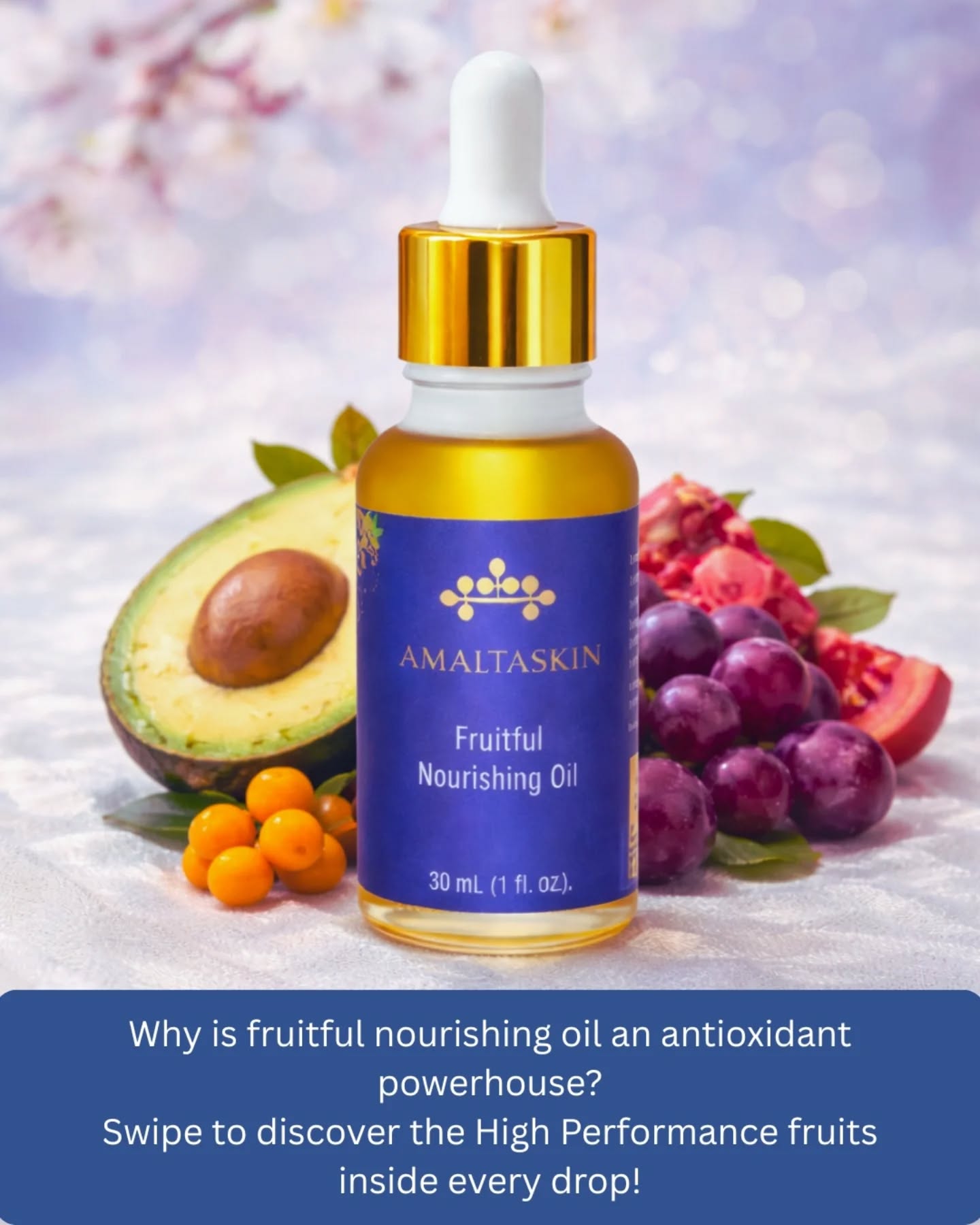 Antioxidant-rich fruit oils come together to protect, nourish and restore skin vitality.
Lightweight, potent and deeply replenishing—Fruitful Nourishing Oil works with your skin to defend against daily oxidative stress and support a healthy, radiant glow.
Rooted in nature. Refined by science.
#Amaltaskin #FruitfulNourishingOil #AntioxidantSkincare #BotanicalBeauty #CleanBeautyIndia