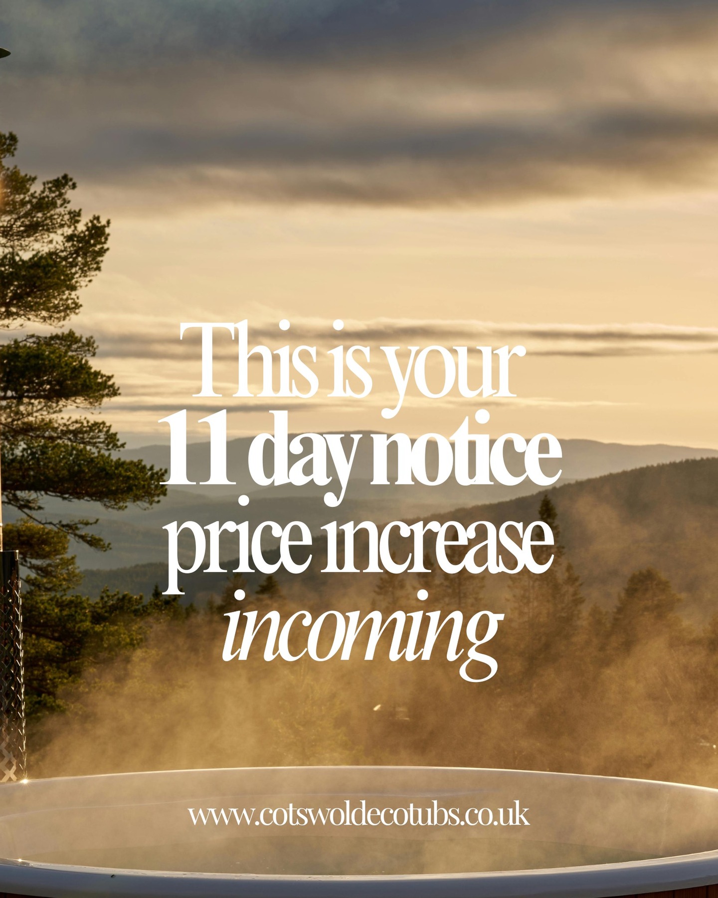 🔥 PRICE INCREASE INCOMING 🔥
We've held our prices for 3 years but the time has come to change our pricing structure & standard specification.
Considering a purchase this year? Please contact us, or your local dealer, to take advantage of today's prices!
Pricing changes on 26th January❗
#CotswoldEcoTubs #EcoSaunas #WoodFiredHotTub #OutdoorSauna #SustainableWellness #EcoLuxury #EcoLiving #GardenSauna #BackyardWellness #HomeWellness #OutdoorLiving #LuxuryGarden #SlowLiving #NatureInspired #NordicWellness #Cotswolds #CotswoldLife #UKWellness
