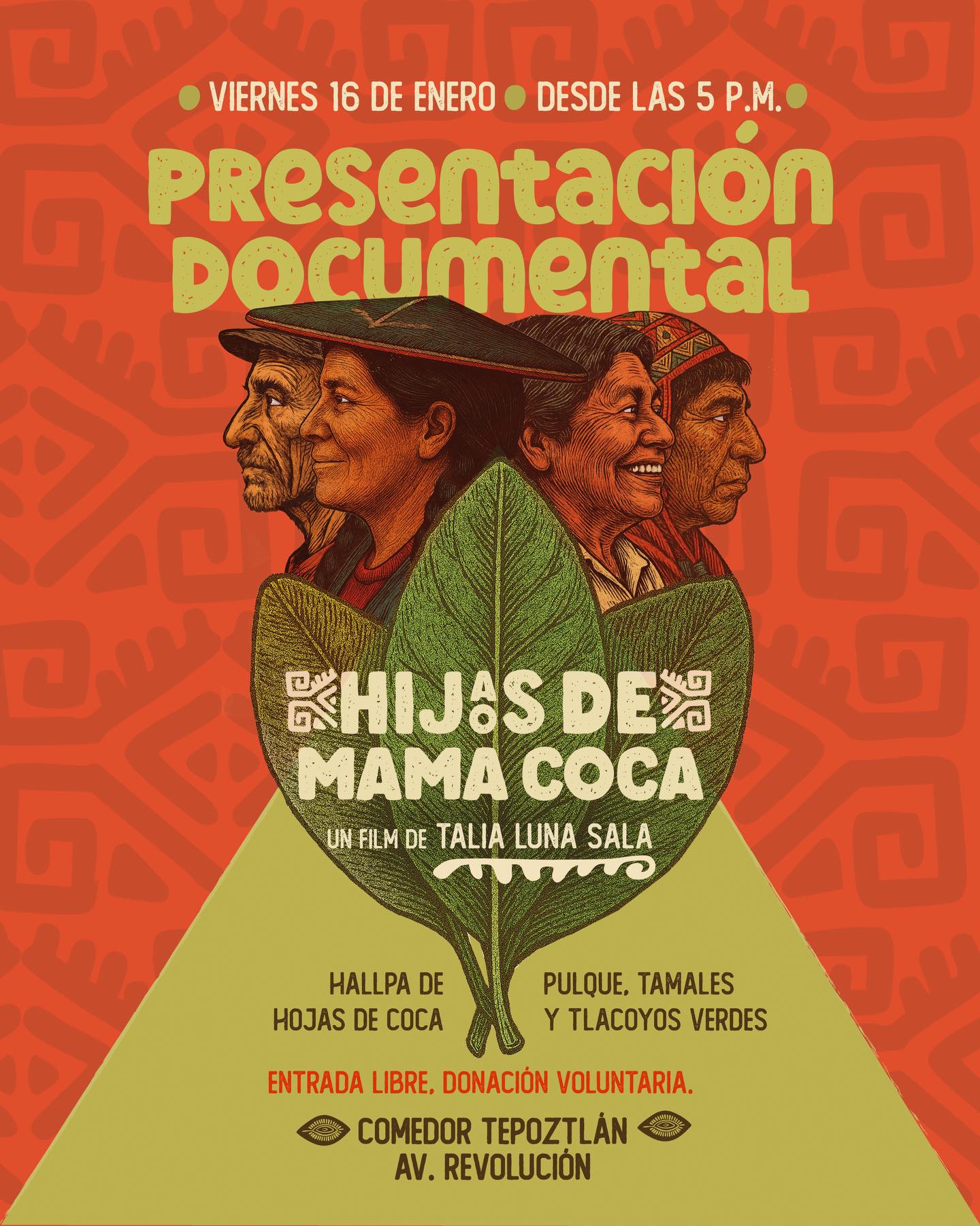 A pedido del público, presentaremos nuevamente nuestro documental Hijo/as de Mama Coca, este viernes 16 de enero en @comedor.tepoztlan
A partir de las 5 p.m. estaremos compartiendo el hallpado tradicional de hojas de coca y a las 6 p.m. el documental de 40 minutos.
Tendremos alimentos y bebidas a base de maíz, coca y pulque a cargo de Kaia, como también toda la carta del restaurante comedor Tepoztlán. Te esperamos con un pedacito de los Andes peruanos en México.