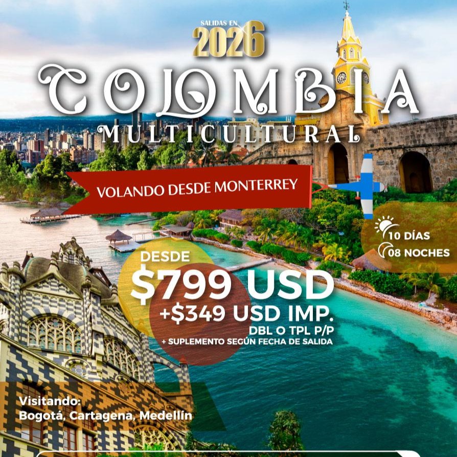 โจ Colombia Multicultural
Colores, sabores y cultura en un solo viaje ๐
โ๏ธ Volando desde Monterrey
๐๏ธ 10 dรญas / 8 noches
๐ฐ Desde $799 USD + $349 USD imp.
๐ฅ DBL o TPL por persona
๐
Salidas 2026
๐ Visitando:
Bogotรก, Cartagena y Medellรญn
โ
Incluye:
โ๏ธ Vuelos internacionales e internos
๐จ Hospedaje
๐ Traslados
๐ณ Desayunos
๐บ๏ธ Guรญas y visitas*
๐ฒ Mรกs info y reservas:
๐ WhatsApp 81 1658 1188
Travel Ticket
#Colombia #ViajeCultural #Medellรญn #Cartagena #TravelTicket