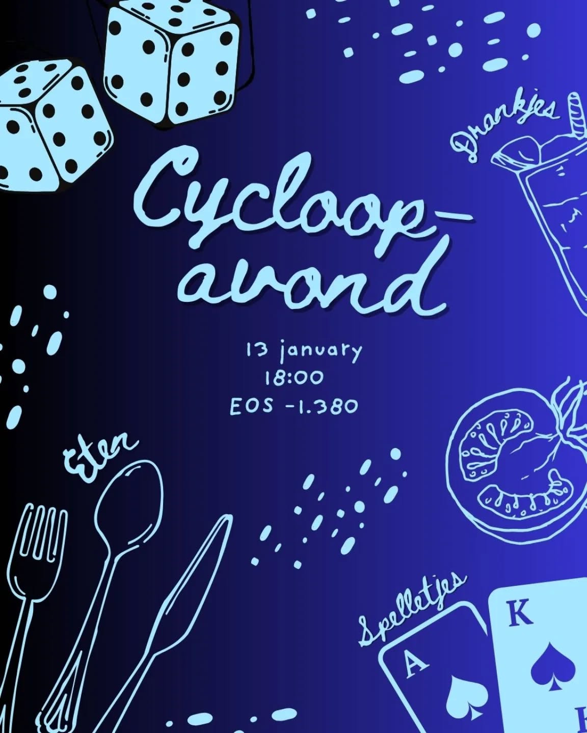 Nieuw jaar, nieuwe Cyclop-avond.🎆
Even pauze nodig van al dat studeren? Kom naar onze maandelijkse Cycloop-avond voor eten, drinken en gezelligheid. 🍻
Het vindt plaats op dezelfde locatie als de vorige twee keer, in EOS -1.380, op 13 januari. Meld je aan via de onderstaande link als je wilt komen, zodat we een schatting kunnen maken van het aantal deelnemers. Als je ook wilt aansluiten voor het diner, geef dat dan aan bij je aanmelding.
Houd er rekening mee dat er, net als de vorige keer, een bijdrage van ongeveer € 4 wordt gevraagd voor het diner.
We hopen velen van jullie daar te zien :)
https://docs.google.com/forms/d/e/1FAIpQLSctkdbDqpPO42SSkfWOgdtkBaBVzluLfBGZevUTr3Qvb8Dpxw/viewform?usp=publish-editor
---
New Year, New Cycloop evening.🎆
Need a break from all that studying? Come to our monthly Cycloop evening for food, drinks and community. 🍻
It will be in the same place as the last two times in EOS -1.380, on the 13th of January. Please sign up in the link below if you want to come so we can estimate the attendance. If you also want to join for dinner just indicate that in the sign up. Do note that, like last time there will be a fee of ca. 4 € for dinner.
Hope to see many of you there :)
https://docs.google.com/forms/d/e/1FAIpQLSctkdbDqpPO42SSkfWOgdtkBaBVzluLfBGZevUTr3Qvb8Dpxw/viewform?usp=publish-editor