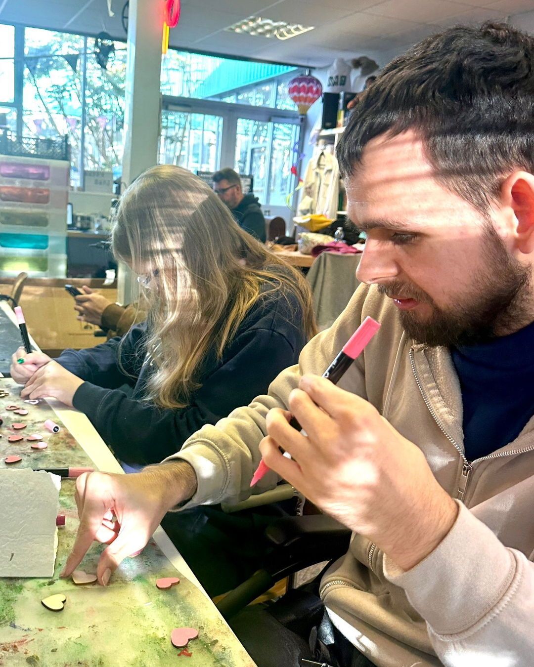 Getting creative with a Valentine’s theme ❤️
Stuart spent time making handmade Valentine’s cards, while Phillip and Lauren decorated heart designs - each adding their own style and personality to the finished pieces.
Seasonal projects like these are a great way to encourage creativity, focus and shared enjoyment, while also building confidence and social connection. It’s always brilliant to see everyone’s individuality shine through their work.