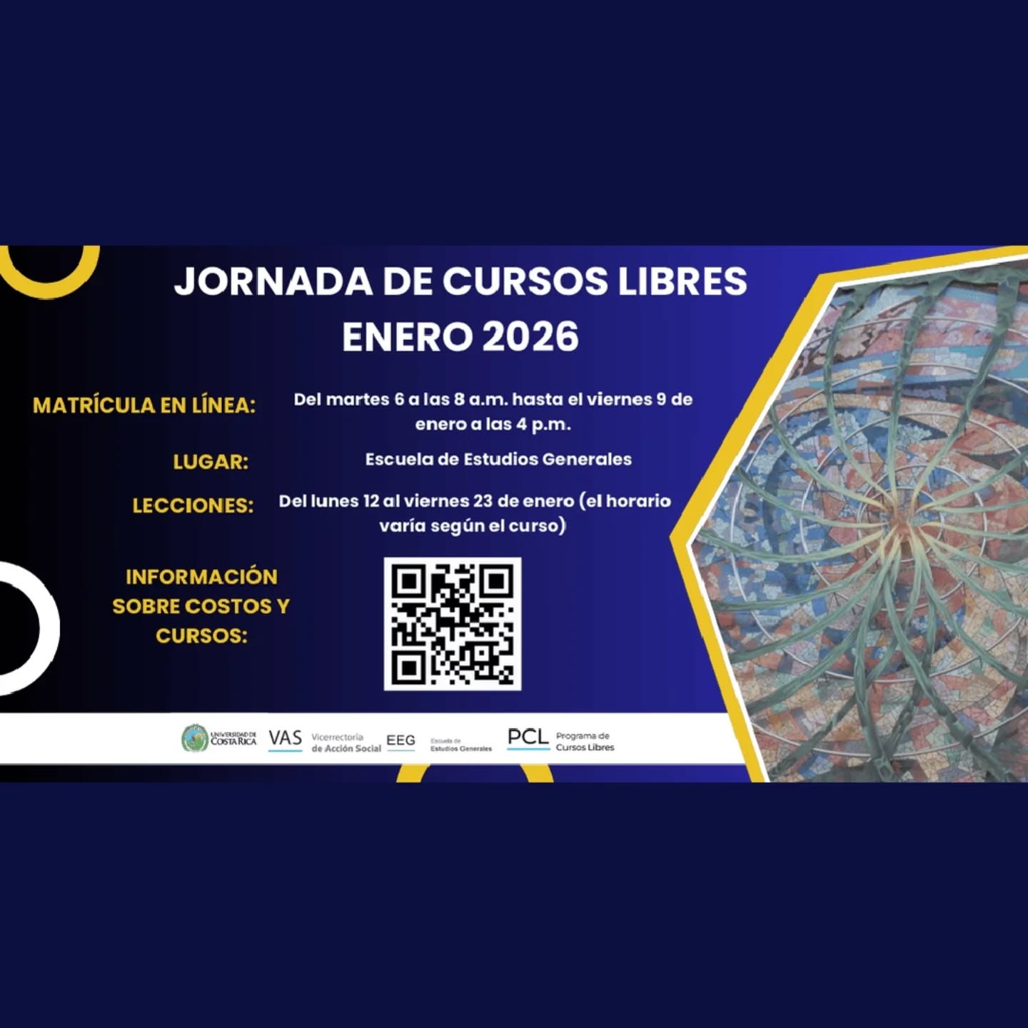 ¡Hola, amigos! Pronto iniciará la jornada de cursos libres en la UCR y, nuevamente, queremos invitarlos a que nos acompañen al curso "Psicodélicos: un abordaje integral".
Matrícula en línea: del martes 6 de enero, a las 8:00 a. m., al viernes 9 de enero a las 4:00 p. m. Atención presencial durante el período de matrícula: de 9 a.m. a 12 p.m. y de 2 a 4 p.m.
Fecha Curso: martes 13, jueves 15, martes 20 y jueves 22 de enero de 2026, de 4 a 5:50 PM.
Asistencia: presencial
Costo: ¢13 000 colones por curso (algunos tienen costo extra por materiales).
Lugar: Escuela de Estudios Generales.
2511-4165 cursos.libres@ucr.ac.cr
https://www.facebook.com/Cursos.Libres.EEG.UCR/