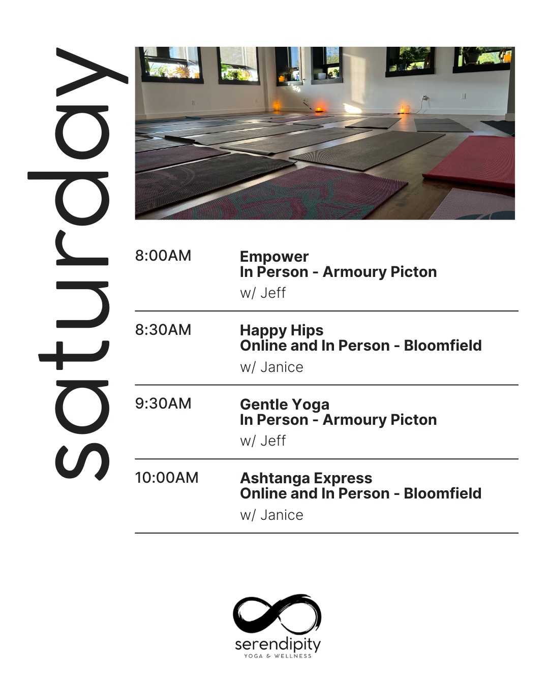 Practice your way, from where you are.
At Serendipity Yoga, there is space for you whether you are stepping into practice at The Armoury studio in Picton, joining us in Bloomfield, or rolling out your mat at home with our online offerings. Each practice is thoughtfully guided to support sustainable, healthy movement for mind, body, and spirit.
Some days you may crave the energy of a shared studio space. Other days, the ease of practicing online fits best. However you choose to join us, you are welcome just as you are.
In studio. In community spaces. Online.
Practice your way, from where you are.
#serendipityyoga
#yogapec
#healthymovementyourway
#saturdayyoga