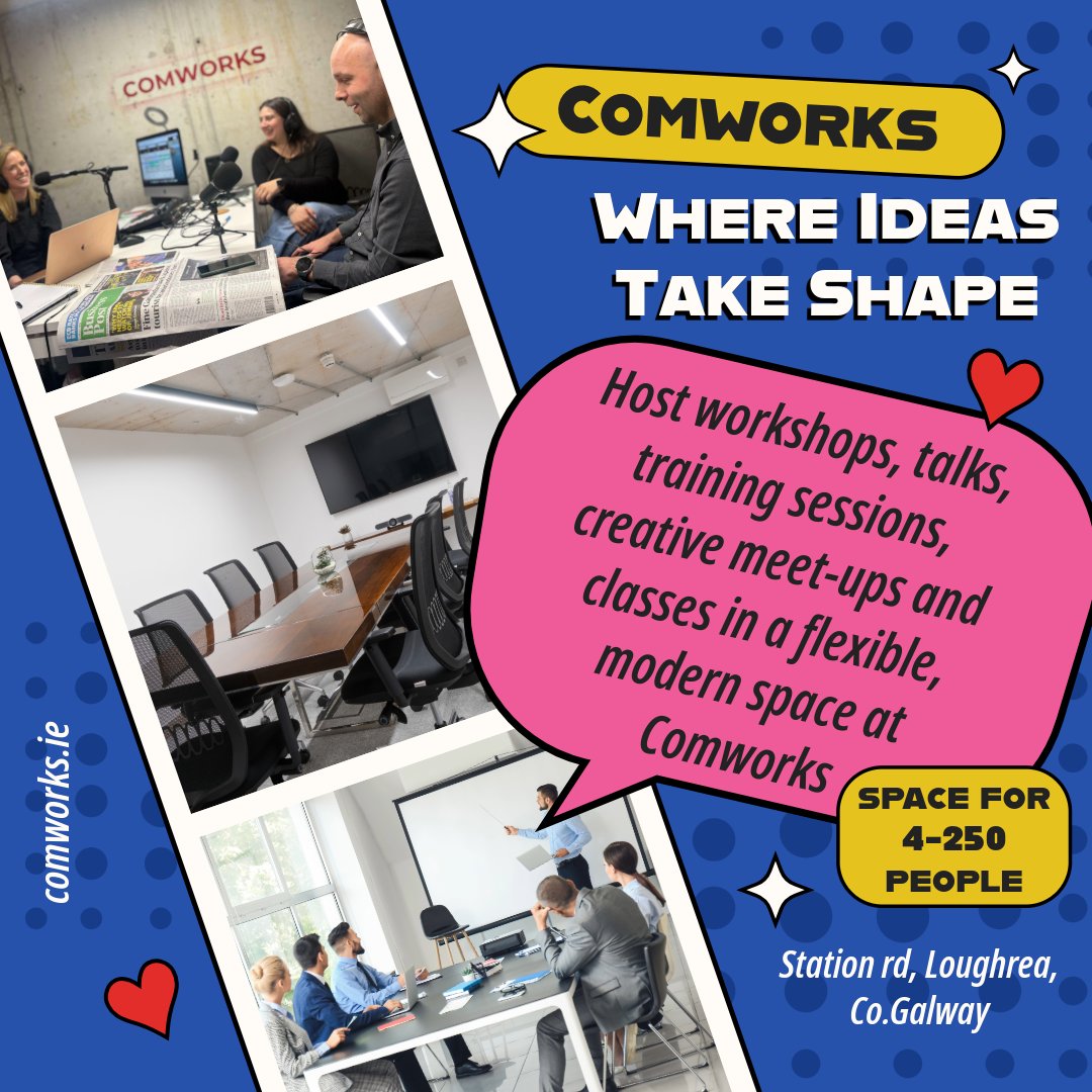 Workshops. Talks. Classes. Creative sessions.
If you need space, we’ve got it.
📍 Comworks, Loughrea
📩 DM us to book
#loughrea #creative #comworkscommunity