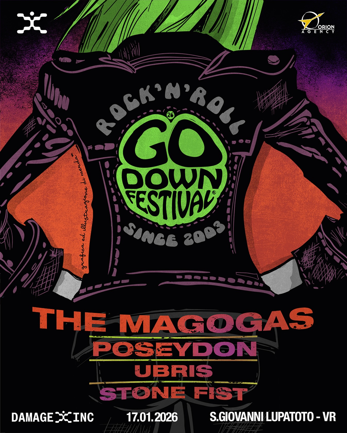 Il 2026 inizia con un nuovo appuntamento al @damageinc_liveclub di Verona 💥 4 live potentissimi scandagliano i territori dello Stoner Rock.
21:00 @stonefist_band
21:55 @ubrisband
22:50 @poseydonband
23:45 @themagogas
🗓️ 𝐒𝐚𝐛𝐚𝐭𝐨 𝟏𝟕 𝐠𝐞𝐧𝐧𝐚𝐢𝐨 𝟐𝟎𝟐𝟔 dalle 20:30
📍 𝐃𝐚𝐦𝐚𝐠𝐞 𝐈𝐧𝐜 𝐋𝐢𝐯𝐞 𝐂𝐥𝐮𝐛 via XXIV Maggio 60, San Giovanni Lupatoto (VR)
🎫 Fino alle 21:30, ingresso ridotto 10 euro con CD o LP in omaggio.
Dalle 21:30 in poi, 15 euro con CD o LP in omaggio.
🤘 Arrivate presto!
Non mancherà il favoloso banchetto Go Down con i dischi, il merch e nuovi amici 🍻