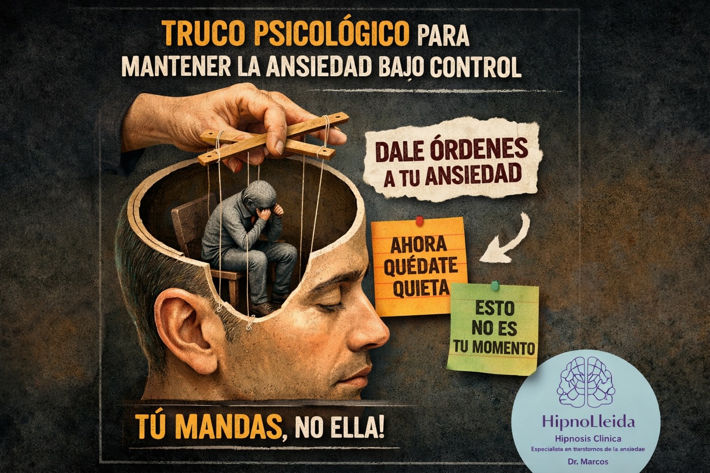 La ansiedad no se calma luchando contra ella
ni intentando “sentirte bien”.
👉 Se regula poniéndola en su sitio.
Cuando la ansiedad aparece, haz esto 👇
🔹 Háblale como a algo externo
🔹 Dale una orden clara y firme:
“Ahora no. Este no es tu momento.”
No le pidas que se vaya.
No intentes convencerla.
Solo márcale el límite.
🧠 El cerebro responde mejor a órdenes claras que a súplicas emocionales.
Cuando tú mandas, la ansiedad baja intensidad.
👉 Tú mandas. No ella.
—
Dr. Marcos
HipnoLleida · Hipnosis Clínica
Especialista en ansiedad
📌 Guárdalo. Repítelo. Entrena a tu mente. #AnsiedadBajoControl
#PsicologíaReal
#TrucoPsicológico
#Ansiedad
#ControlMental
SaludMental
HipnosisClínica
HipnoLleida
DrMarcos
MenteFuerte
Psicoterapia
Psicología