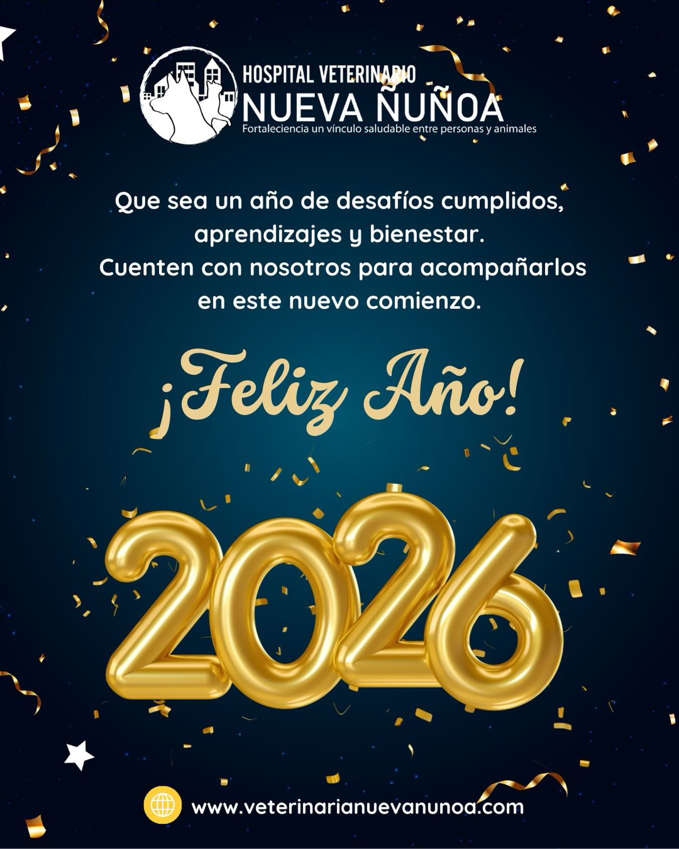 ✨ Bienvenido 2026 ✨
En este nuevo año, el Hospital Veterinario Nueva Ñuñoa les desea un muy buen 2026, lleno de salud, tranquilidad y buenos momentos junto a quienes son parte de su familia 🤩🐶🐱❤️.
Agradecemos profundamente la confianza que depositan en nosotros y queremos reafirmar nuestro compromiso de seguir entregando una atención profesional, cercana y empática, cuidando con dedicación y respeto a cada uno de sus peludos 👩🏻⚕️👨🏻⚕️