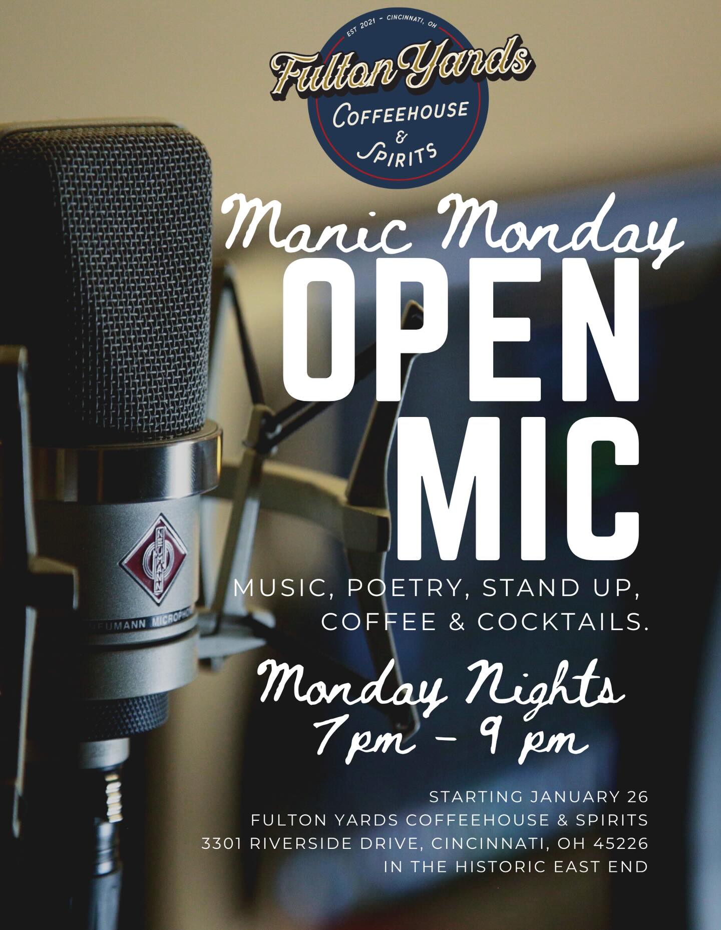 Two weeks from tomorrow! We’re creating a brand new coffeehouse experience on Monday nights inside the warm and comfortable cafe. Open mic for comedy, poetry, music, spoken word. Our brand is rooted in ship building so really “whatever floats your boat!” Come and enjoy the organic entertainment and enjoy a coffee (full bar is also open on the deck) spread the word to anyone who might want to take - or drop- the mic! Every Monday 7-9
Starting January 26th!