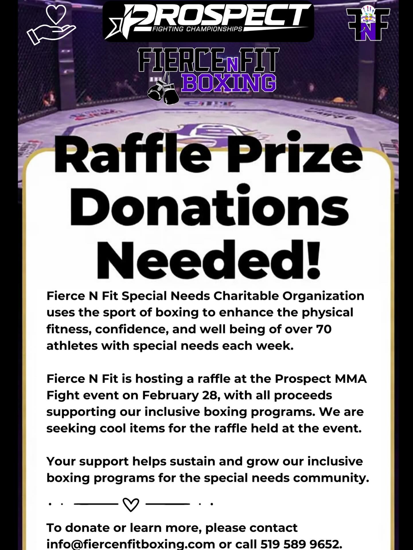 We are looking for Raffle Prize Donations to Support our upcoming Fundraising event at the MMA @prospectfights event. Please check out our website for more details or to donate.
Thank you for your support 🙏🏽
https://www.fiercenfitboxing.com/mma-raffle
https://www.fiercenfitboxing.com/_files/ugd/51b941_fc819372f33f46d0b4ecdb73f9cb1705.pdf