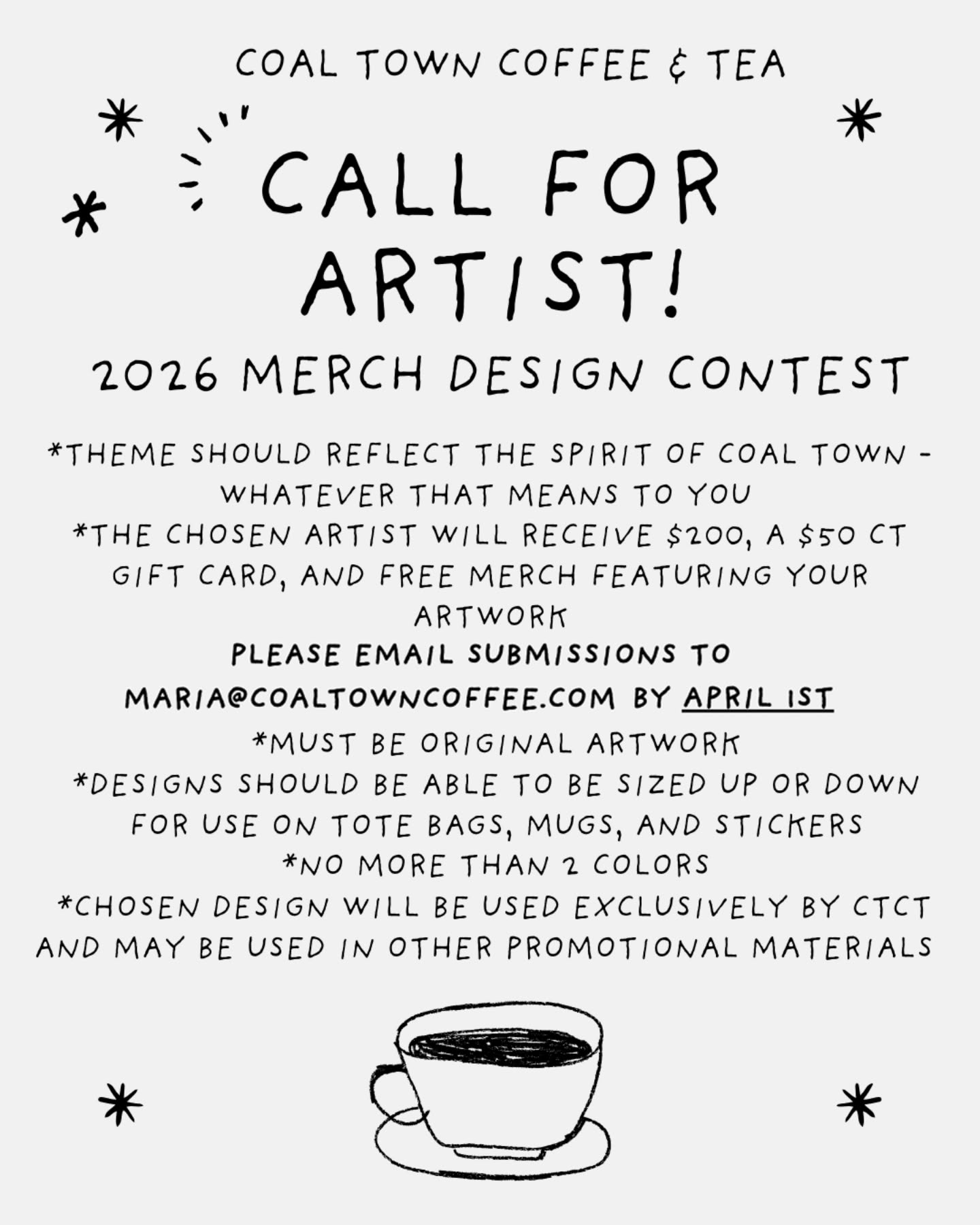 CALLING ALL ARTISTS! 📣 Show your love for Coal Town, coffee, and art by entering Coal Town's first annual Merch Design Contest! There is no entry fee and the contest is open to all age groups and mediums.
The chosen artist will receive $200, a $50 gift card, and free merch featuring your design!