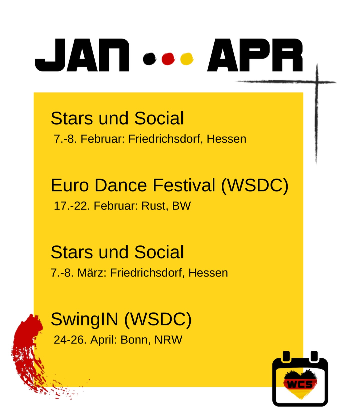 Du willst die nächsten großen WSDC-Events und exklusive Workshops mit internationalen Top-Stars in Deutschland nicht verpassen? Hier sind die nächsten Must-Go-Termine, für dein WCS-Herz 💃🕺
📌 Regelmäßige Wochenkurse, Workshop-Wochenenden & Social Partys
→ bitte die regionalen Kalender nutzen.
👉 www.wcsgermany.com/kalender
Welches Event markierst du dir als Erstes im Kalender? Lass es uns wissen! 📅
