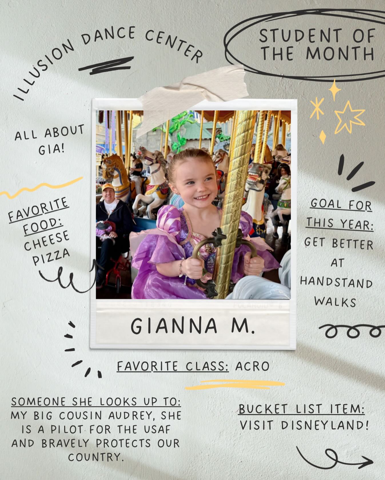 Introducing our Student of the Month— Gianna💜
Gianna is all things good! She is smart, kind, talented, and the perfect student to highlight this month. We admire her spunk, confidence, and positive attitude! We love her stops by the front desk, chats about being a big sister, and of course hearing all about her adventures! Congratulations Gia!!