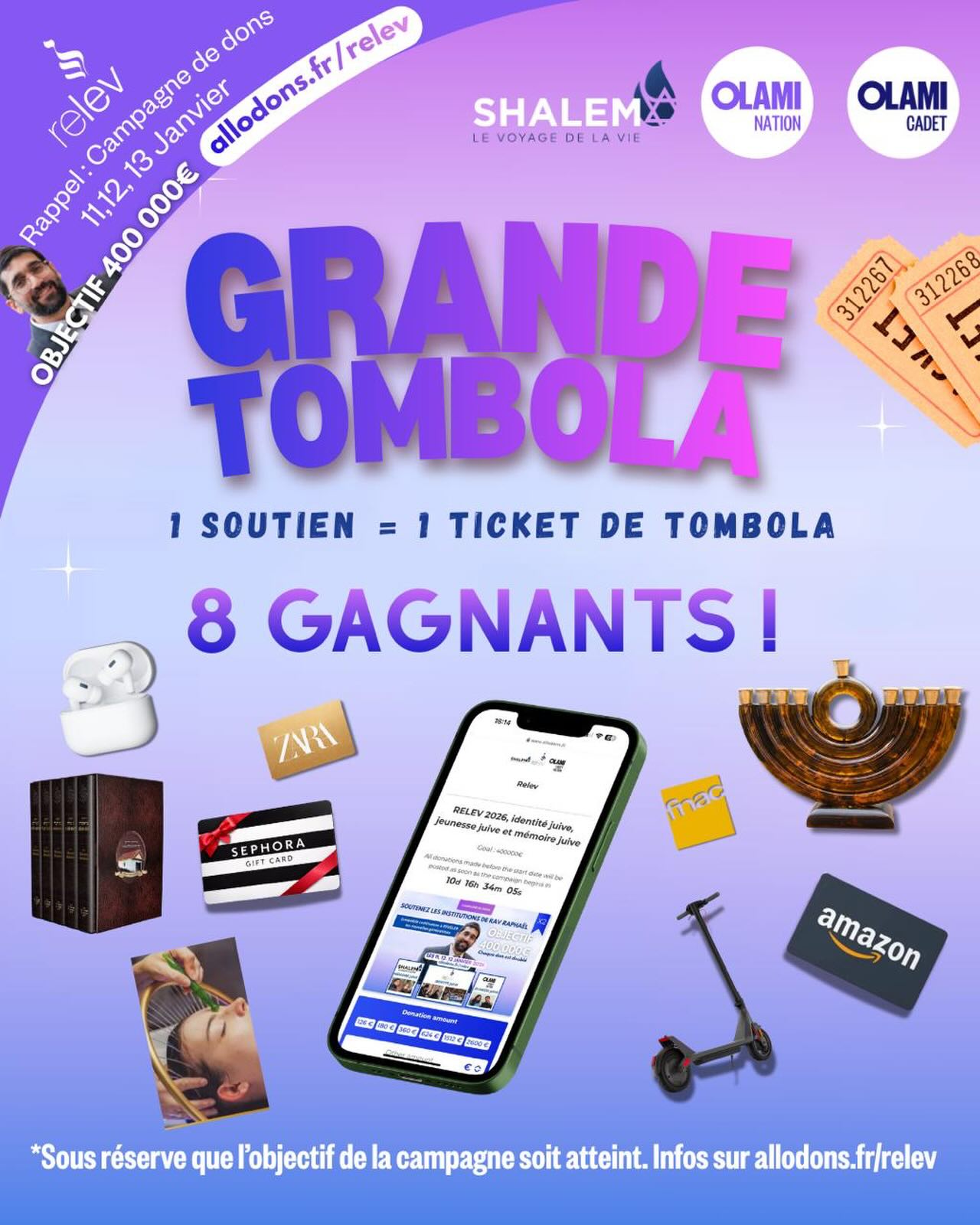 Chaque soutien compte énormément pour nous !
Et pour vous remercier, chaque participation à la campagne = 1 ticket de tombola
8 gagnants, dont 1 iPhone !!!
La campagne de dons aura lieu les 11, 12 et 13 janvier : elle nous permet de continuer à organiser des événements, des cours et des moments qui nous rassemblent toute l’année.
👉 Conditions de participation sur : Allodons.fr/relev