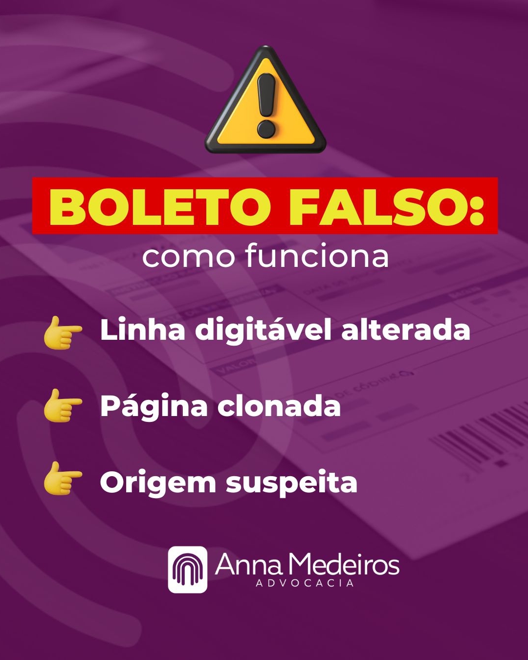 O golpe do boleto falso ocorre quando o documento é alterado para direcionar o pagamento ao golpista.
Os cenários mais comuns envolvem:
⚠️ Boletos enviados por canais suspeitos: se chegou por e-mail, cheque se é verdadeiro!
⚠️ Boletos gerados em páginas clonadas: confirme sempre se você está na página oficial!
⚠️ Boletos com alterações na linha digitável: sempre confirme o nome do favorecido, antes de confirmar o pagamento!
💡 Dica Extra: sempre gere o boleto pelo app oficial.
Informação evita prejuízo. Compartilhe esse post para mais pessoas.
📱 Entre em contato pelo WhatsApp (19) 98900-8424 se precisar de mais esclarecimentos sobre Golpe do Boleto Falso.
#boletofalso #direitodigital #direitodoconsumidor #AnnaMedeirosAdv #AnnaMedeiros