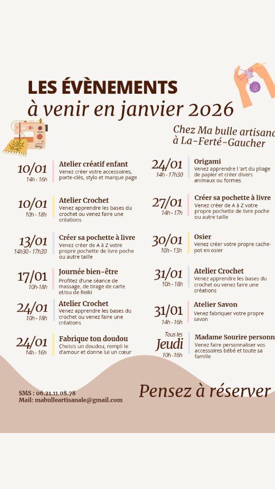 👋 Un beau programme pour janvier 🤗 je vous présente le programme :
- Samedi 10/01: atelier créatif pour les enfants et pour les futurs/parents avec @madamesourire.jlc
- Samedi 10/01: initiation au crochet avec @arianecreations77
- Mardi 13/01: atelier fabrication d'une pochette à livre avec @q.pingui12
- Samedi 17/01: Jour de bien être, séance de massage, tirage de carte et reiki avec @nathurellementzen @christelgabrielmedium et @wondercreations77
- Samedi 17/01: journée macaron à manger sur place où à emporter
- Samedi 24/01: Initiation crochet avec @arianecreations77
- Samedi 24/01: Fabrique ton doudou avec @aufil_ing
- Samedi 24/01: Atelier origami avec @miette.a.lunettes
- Mardi 27/01: atelier fabrication d'un pochette à livre
- Vendredi 30/01: atelier fabrication d'un cache pot en osier avec @osierunbrindenature
- Samedi 31/01: atelier fabrication de savons avec @bulledechery
Et retrouver @madamesourire.jlc tout les jeudis à la boutique pour faire personnaliser vos accessoires bébé et toute sa famille
Pensez à réserver vos places pour les ateliers 😉 et si un atelier vous plaît mais que vous n'êtes pas disponible, n'hésitez pas à nous le faire savoir on proposera de nouvelles dates 👍
#AtelierCrochet #atelierenfant #ateliercreatif #atelierartisanat #activité
