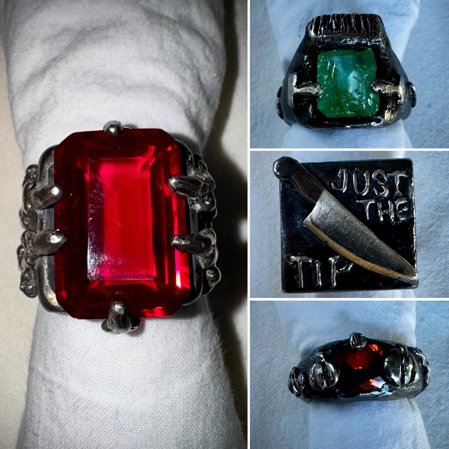 My pieces from my casting class. My Malevira Ruby/Silver Ring, abstract Frankenstein Mint Green sapphire/silver ring with trapped lightning(internal cracks), Pumpkin Patch orange sapphire/silver ring, Just the tip 🔪 silver ring and the Jack o Lantern 🎃 hiding inside a pumpkin nickel/bronze.
#jewelry #craft #art #jewels #love
