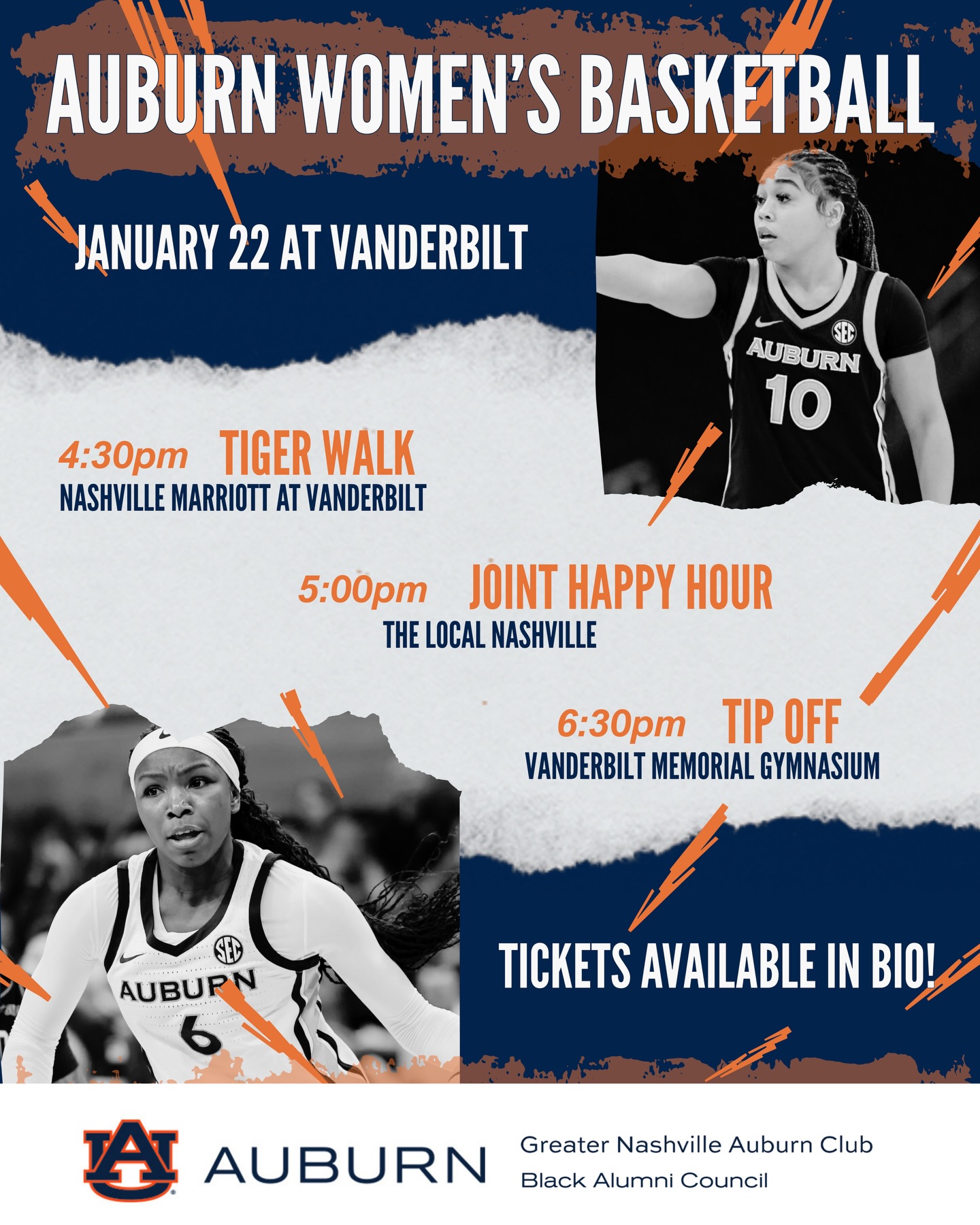 AU Women’s Basketball is back in Auburn North this month, looking to bring home a win against Vandy!
Join us and the Black Alumni Council this January 22 for an evening of fun, friendship, and of course Auburn Basketball! 🏀
We’ve got a full schedule including Tiger Walk, a joint happy hour at The Local Nashville, and then tipoff is at 6:30 at Memorial Gym. Purchase tickets at the link in our bio to sit with all of your favorite fans!