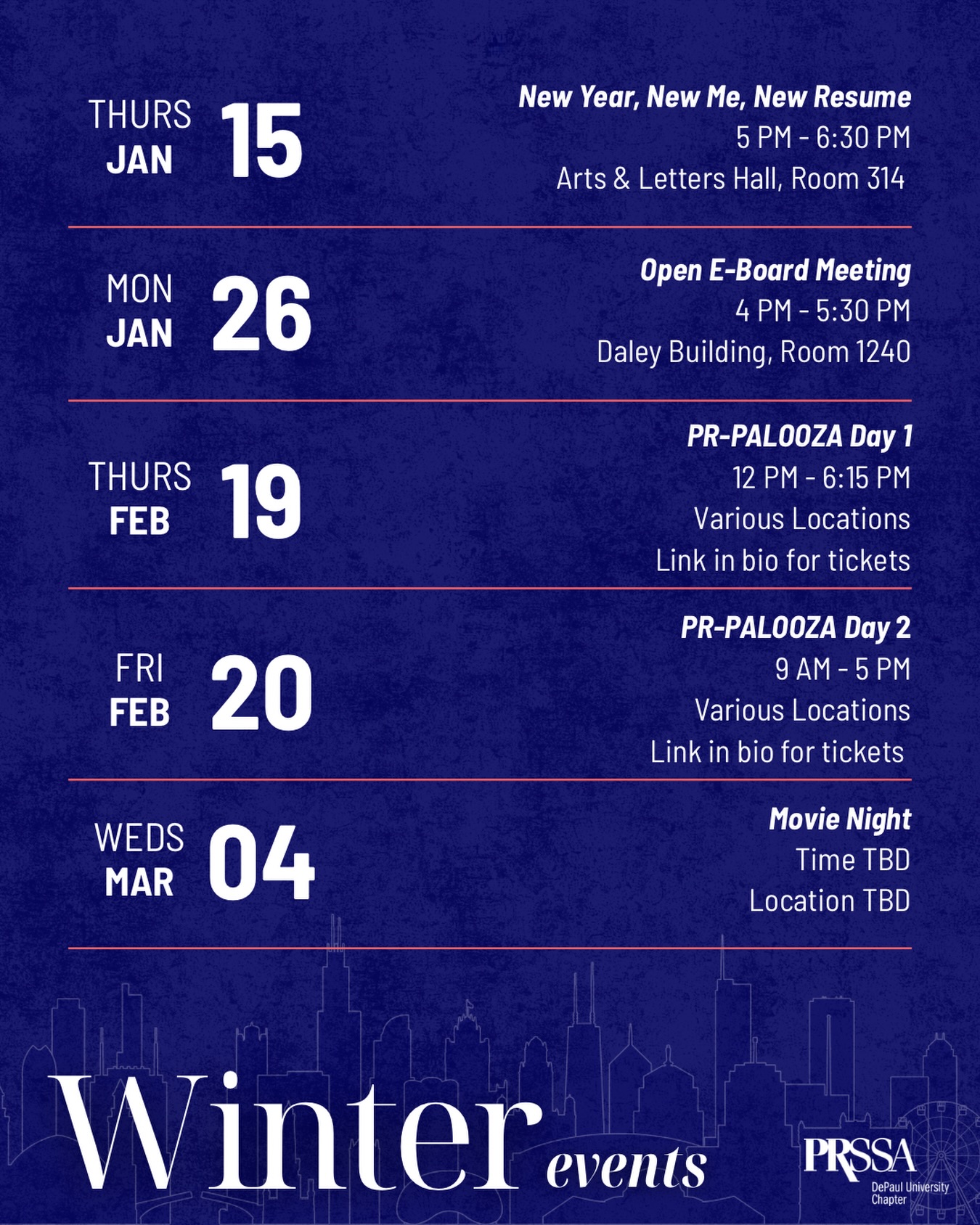 Welcome back to Winter Quarter, Blue Demons! 💙❄️
We’ve got so many exciting things planned this quarter! Take a look at our events calendar, and we hope you’ll join us at a few along the way.