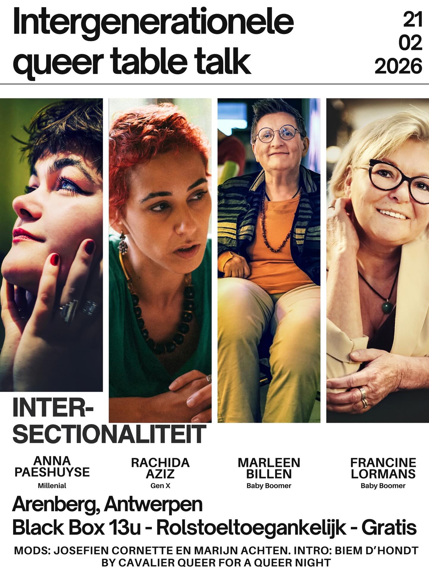 De Intergenerationele Queer Table Talks (IQTT) by CQ komen naar @arenberg_antwerpen ! Op 21/02 om 13u nodigen we je uit voor een verdiepend gesprek over ‘Intersectionaliteit’ voor A Queer Night. We onderzoeken wat queer bewegingen meenemen uit antiracisme, feminisme, dekoloniaal denken en handicapsactivisme. En wat er gebeurt wanneer die kennis botst, schuurt en opnieuw vorm krijgt.
🎟 Gratis
♿ Rolstoeltoegankelijk
🔗 Inschrijven via de link in bio, Arenberg of de CQ-site
Gastssprekers:
@rachida_nzhsv (Gen X) van @hotm_headquartersofthemovement bevraagt hoe macht wordt opgebouwd en hoe we tegenmacht kunnen organiseren. Ze schrijft en organiseert vanuit collective liberation als levende, gedeelde kennis: scherp, oncomfortabel, en doelbewust niet neutraliseerbaar.
@annapaeshuyse (Gen Z) maakt zichtbaar hoe verschillende vormen van onderdrukking op elkaar inspelen, en hoe dezelfde machtslogica klimaatonrechtvaardigheid, anti-LGBTQIA+ wetgeving en mensenrechtenschendingen met elkaar verbindt.
@derozebink (Baby Boomer), de Limburgse vereniging voor LGBTQIA+ personen met een beperking, creëert ruimtes waar mensen zich niet moeten aanpassen aan bestaande normen, maar waar hun noden het vertrekpunt zijn.
Moderatoren:
@josefien_ (Millenial) beweegt zich tussen artistiek onderzoek, disability studies en feministische theorie, en vertrekt vanuit vragen rond belichaamde kennis, zorg, rouw en normativiteit.
@marijn8en (Gen X) is fotograaf, curator en founder van Cavalier Queer en werkt expliciet samen met queer gemeenschappen om verhalen niet alleen te tonen, maar ook duurzaam te bewaren.
Intro:
@biemdhondt (Millenial) is politicoloog, kunstenaar en projectcoördinator bij Cavalier Queer. Die verbindt de gesprekken met bredere contexten rond queer erfgoed en archivering.
De IQTT’s maken deel uit van een breder traject rond queer erfgoed en worden gefilmd en gefotografeerd. Wil je niet herkenbaar in beeld? Laat het weten aan onze hosts — we voorzien een systeem om je privacy te respecteren. Consent is geen voetnoot, maar een actieve praktijk.
Dit project wordt gesteund door verschillende culturele en erfgoed instellingen en de Vlaamse Overheid.
#tabletalk