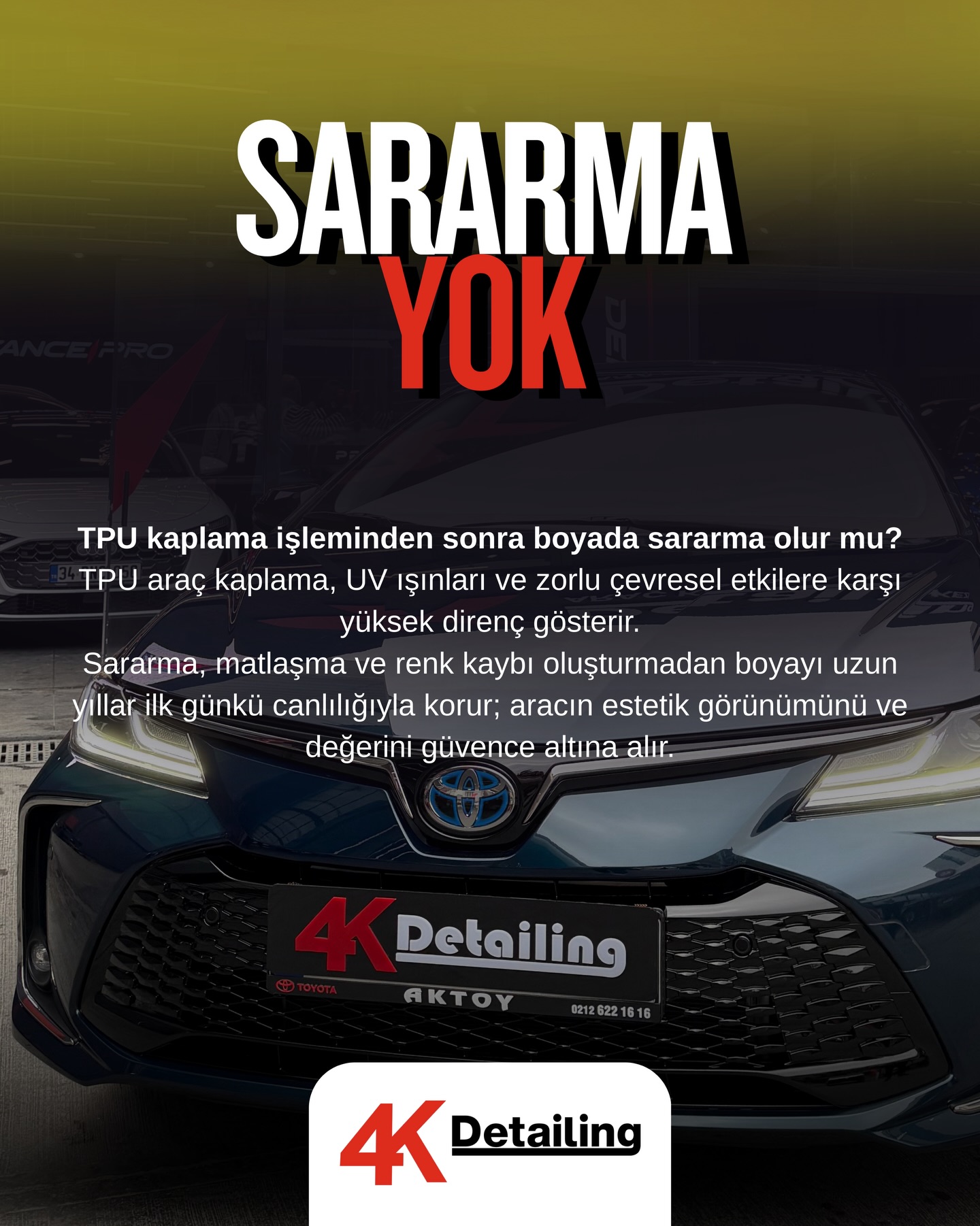TPU kaplama işleminden sonra boyada sararma olur mu?
TPU araç kaplama, UV ışınları ve zorlu çevresel etkilere karşı yüksek direnç gösterir.
Sararma, matlaşma ve renk kaybı oluşturmadan boyayı uzun yıllar ilk günkü canlılığıyla korur; aracın estetik görünümünü ve değerini güvence altına alır.
#ppf #araçkaplama #tpu #4kdetail #modifiye