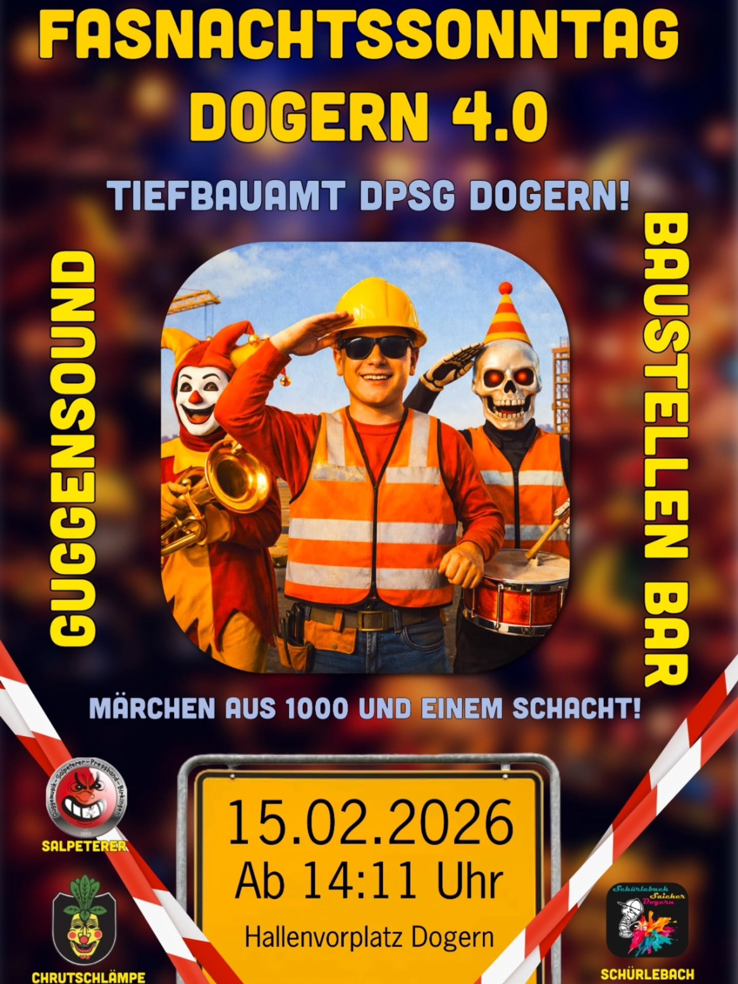 Am 15.02.26 ist es wieder so weit!
Auf dem Hallenvorplatz in Dogern feiern wir ab 14:11 Uhr gemeinsam mit Euch in unserer Baustellenbar und freuen uns auf zahlreiches Erscheinen.
Unter dem Motto „Märchen aus 1000 und einem Schacht“ erwartet euch eine märchenhafte Atmosphäre aus Baustellenromantik, DJ-Musik und heftigem Guggensound.
Gegen Abend sorgen Auftritte der @salpeterer, @ruesswihler_chrutschlaempe, sowie der Projektguggenmusik Schürlebachsaier Dogern für beste Unterhaltung.
Die genauen Auftrittszeiten werden hier in Kürze bekannt gegeben. Wir freuen uns auf Euch!!!🥳🥳
