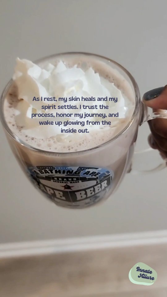 As I rest, my skin heals and my spirit settles. I trust the process, honor my journey, and wake up glowing from the inside out.
Tonightâs reminder comes in the form of warmth â a mug filled with hot chocolate, slow sips, and stillness. Not every moment has to be productive. Some moments are meant to be comforting, grounding, and gentle. This is your permission to soften the day, nourish yourself, and let rest do the work.
Glow doesnât always look loud. Sometimes it looks like quiet nights, warm rituals, and choosing peace before sleep.
