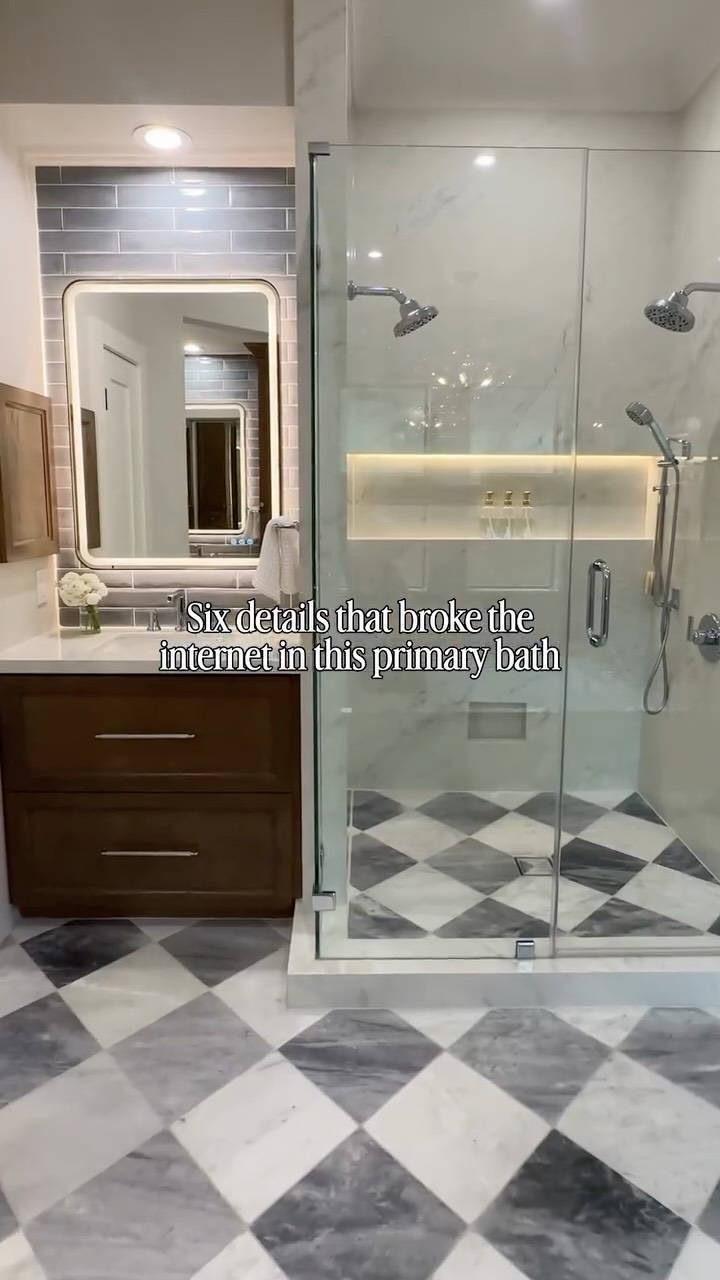 Details bc we don’t gatekeep 👇
✨Marble Checkerboard Floor: @riadtile Bardiglio Grey 12″x12″ Tumbled & Casablanca Carrara 12″x12″ Tumbled Checkerboard Bundle, Pattern: Diamond Checkerboard
✨Stained Cabinets: Job-built cabinets, custom stained to match the Pureza Adam, Smooth, 2-8’ Random Length, Natural Grade Engineered Hardwood Flooring
✨Blue Subway Tile: @tilebar Paint Azur Blue 3x16 Glossy Porcelain Subway Tile, Pattern: Bricklay
✨Duel Showerheads: @brizofaucet 87498-PC in Chrome
✨LED Mirrors: @mmlighting Uttermost#: 09946