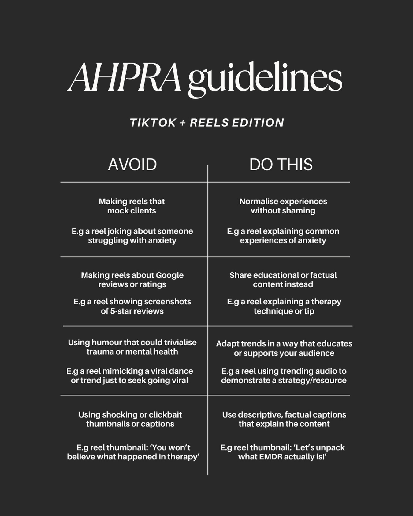 AHPRA’s advertising do & dont’s (part 4) 🎤
TikTok + Reels edition as requested by @wholesomemindspsychology 🩺
#ahpra #ahpracompliance
