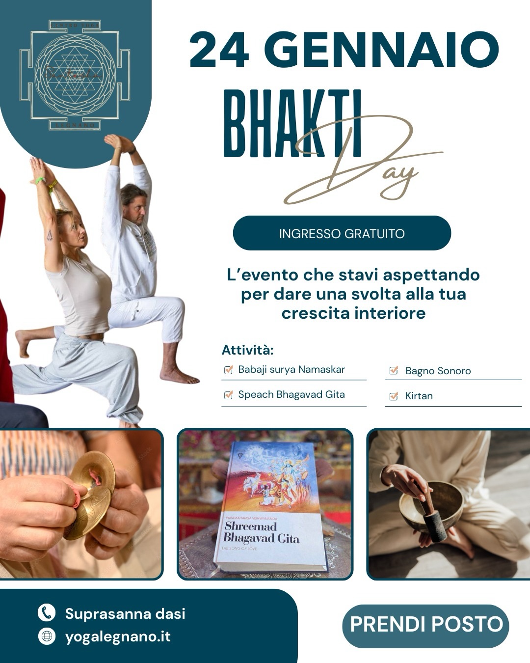 24 gennaio un’intera giornata dedicata alla Bhakti ed al benessere tra Babaji Surya Namaskar, introduzione alla Bhagavad Gita, bagno sonoro, aperitivo vegano e Kirtan. Ci saranno momenti di condivisione profonda insieme, é il periodo dell’anno perfetto, dove ci viene chiesto di rallentare e prenderci tempo per portarci in un ascolto interiore e sedere nel profondo del nostro cuore.
Evento completamente gratuito, posti limitati: prenota ora e porta un’amica/o con te!
#BhaktiDay #eventoGratuito #yoga #meditazione #bagnosonoro BhagavadGita kirtan crescitaInteriore spiritualità Legnano