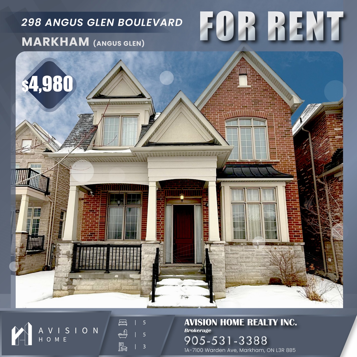 ✨ For Rent! Stunning 3-Storey Detached Home in Angus Glen ✨
📍 298 Angus Glen Blvd, Markham (Angus Glen)
💰 $4,980/Monthly
Bright and spacious 5 bedroom, 5 bathroom executive home featuring an open-concept layout with 3,000 - 3,500 sqft of luxury living space. This 3-storey residence boasts a modern kitchen with premium granite countertops, large windows for abundant natural light, and a functional floor plan perfect for families. Move-in ready and situated in one of Markham’s most prestigious communities.
📍 Prime Location:
⛳️ Steps to Angus Glen Golf Club
🏃♂️ Minutes to Angus Glen Community Centre, parks, and scenic trails
🎓 Located in a top-ranked school district
🛍️ Close to major shopping centers, restaurants, and grocery stores
🚗 Easy access to Major Mackenzie Dr and Hwy 404
✨ Property Features:
🌳 Situated in a peaceful, family-friendly neighbourhood
🍳 Gourmet kitchen with gas stove and built-in appliances
🛋️ Spacious living and family areas for entertaining
🌅 High-floor layout with 3 storeys of living space
🧱 Elegant brick and stone exterior finish
🚗 Detached garage with additional parking spaces
📌 Unit Perks:
🛏️ 5 Spacious Bedrooms | 5 Bathrooms (4 Full, 1 Partial)
🪟 Large windows throughout for a bright, airy feel
🍽️ Modern kitchen with oversized granite island
🔥 Cozy fireplace in the family room
🧺 Ensuite Laundry ❄️ Central A/C 🔥 Forced Air Gas Heating
📩 Available Now – Accepting applications from qualified tenants!
☎️ 905-531-3388
🌐 www.avisionhome.com
#avisionhome #MarkhamRental #AngusGlen #MarkhamRealEstate #LuxuryLease TopSchoolDistrict ForLeaseGTA MarkhamLiving AvisionHome RealEstateCanada MarkhamHomeRental FamilyHome LuxuryRental