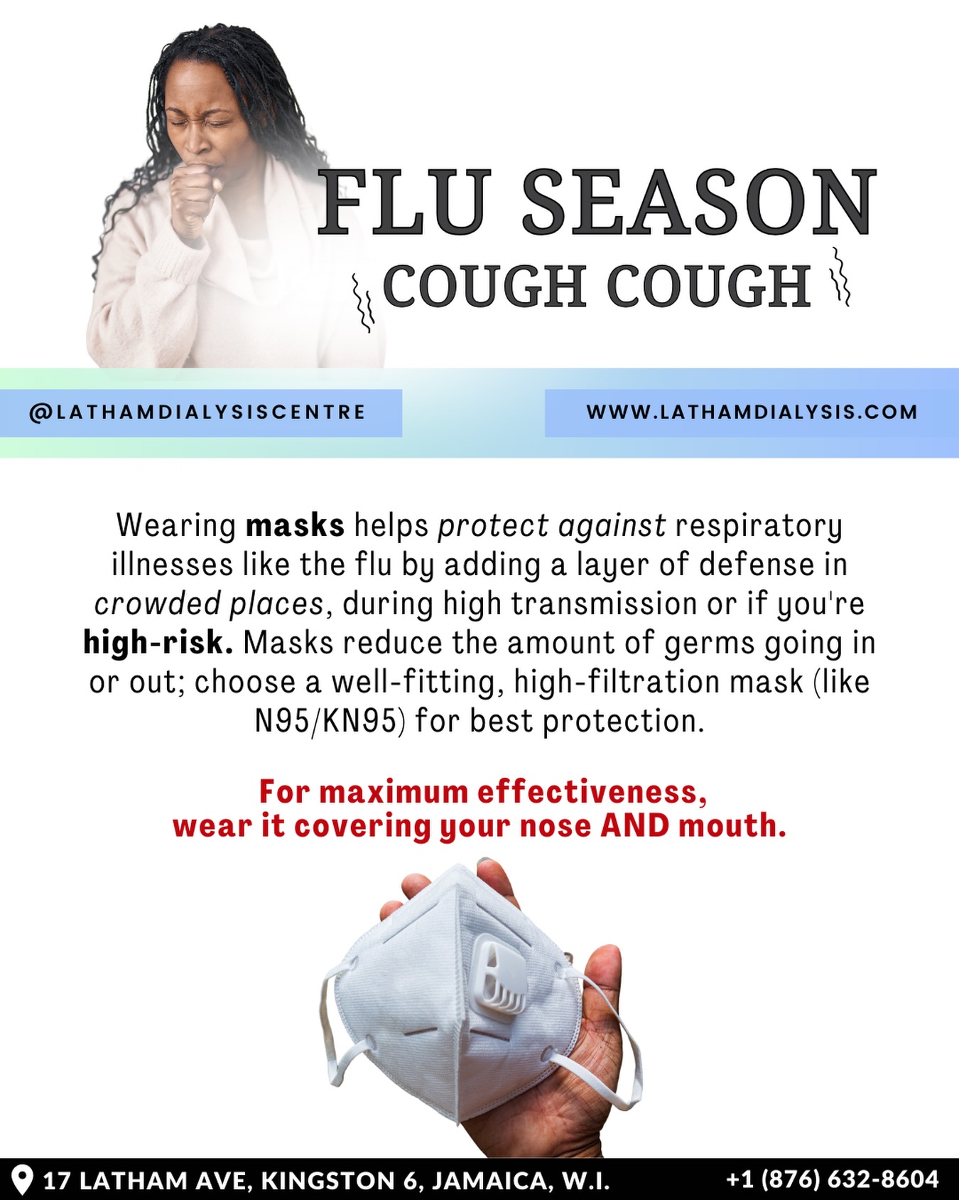 Now that the holidays are coming to an end, on to a more serious topic! Do what you can to protect yourself and others. Wear your mask if you’re not feeling well. A simple way to stop the spread of germs.
#LathamDialysisCentre #KidneyDialysis #LathamDialysis #Flu #Mask
