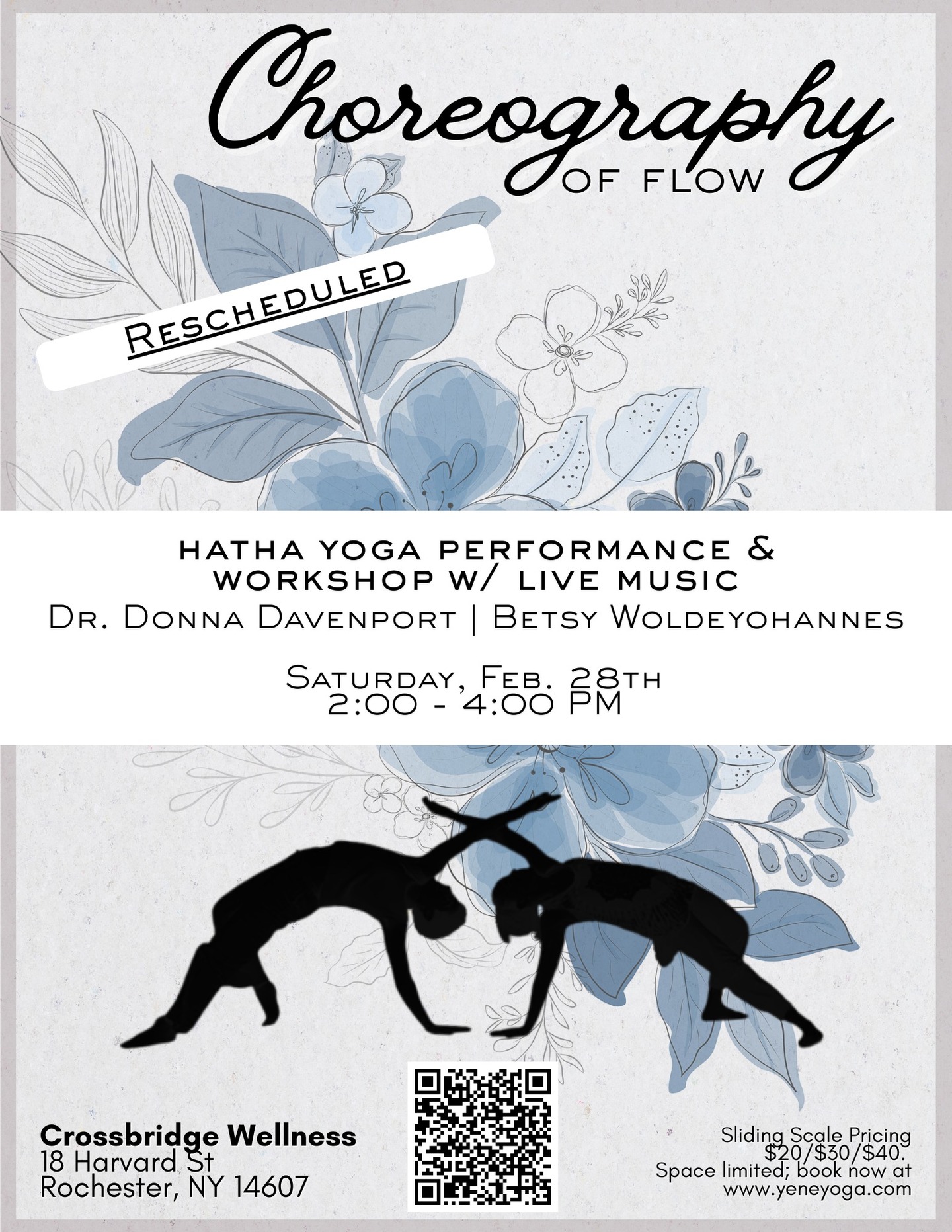 📢 IMPORTANT UPDATE
@dancingdav and I are very sorry to announce that, due to illness among the performers, our Choreography of Flow Hatha Yoga Performance & Workshop will be RESCHEDULED to Saturday, February 28th. The time, location, and pricing of the event will remain the same (details below).
Thank you so much for your understanding. Tickets for the rescheduled event can be purchased at the following link:
https://www.yeneyoga.com/event-details-registration/choreography-of-flow-2
with gratitude,
Betsy and Donna
EVENT DETAILS:
🌿Choreography of Flow: Hatha Yoga Performance & Workshop w/ Live Music
Join seasoned Movement Specialist Dr. Donna Davenport and RYT Betsy Woldeyohannes for an exploration of movement in community at Crossbridge Wellness! Donna and Betsy will begin with a duet performance accompanied by live music; afterwards, there will be an easy Hatha Yoga workshop playing with some of the shapes featured in the duet. Beautiful to watch and fun to do, join us as we welcome joy through movement this winter!
📍Crossbridge Wellness
18 Harvard St
Rochester, NY 14607
🕒Saturday, February 28th, 2:00 - 4:00PM
ℹ️ This event will run for a total of two hours, including a short intermission. $20/$30/$40 Sliding scale Pricing. The workshop fee includes the performance. Drop-in's welcome, but space is limited, so secure your spot today!
#events #workshop #dance #performance #yoga #accessible #livemusic #music #rochesterny #rochesteryoga