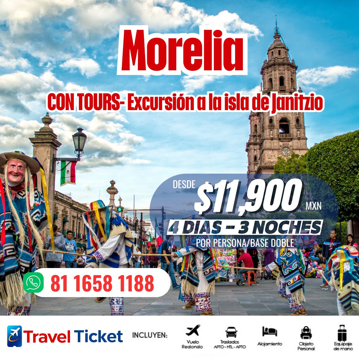 โจ Vive la magia de Morelia โจ
Descubre su arquitectura colonial, su historia y la experiencia รบnica de visitar la Isla de Janitzio ๐๐ถ
๐๏ธ 4 dรญas / 3 noches
๐ฐ Desde $11,900 MXN
๐ซ Por persona / base doble
Incluye:
โ๏ธ Vuelo redondo
๐ Traslados
๐จ Alojamiento
๐งณ Equipaje personal y de mano
๐ฒ Escrรญbenos y asegura tu lugar:
๐ 81 1658 1188
#Morelia #Janitzio #ViajaPorMรฉxico #EscapadaPerfecta #TravelTicket #Vacaciones #ToursMรฉxico