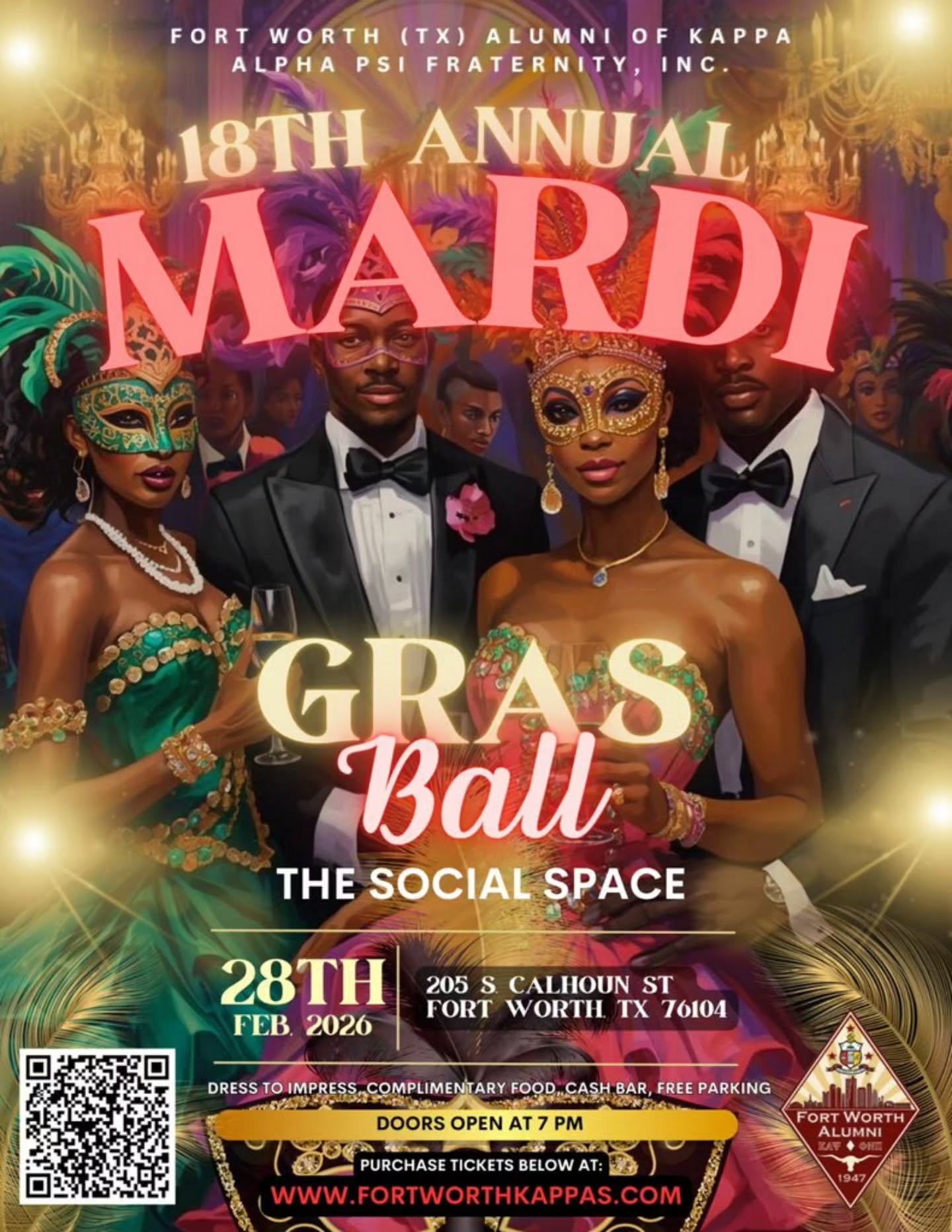 The brothers of Fort Worth Alumni Chapter heard the question loud and clear: “When is the next event?”Well—this is it, and we’re turning it up a notch. You are cordially invited to our 18th Annual Mardi Ball. Can’t make it to New Orleans? No problem, we’re bringing New Orleans vibes, Fort Worth style. 🎭 Expect great energy, unforgettable vibes, and a night you won’t want to miss.
🎟️ Tickets are available below, we’ll see you there!
(www.fortworthkappas.com)
⚜️💚💛💜🎭💜💛💚⚜️
🎟️:https://www.fortworthkappas.com/event-details/purchase-tickets-here-18th-annual-mardi-gras-ball