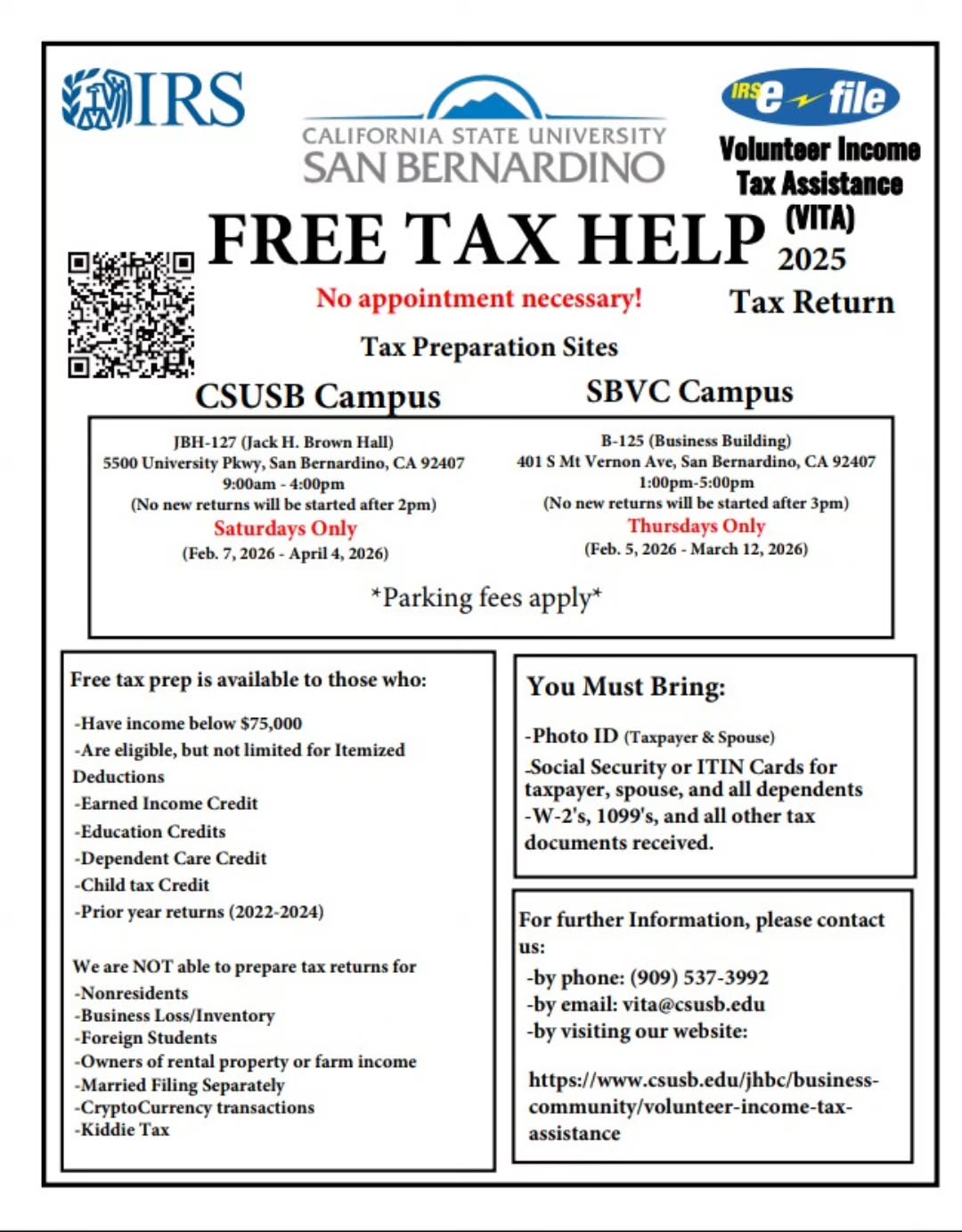 ๐ธ Need help filing your taxes?
Get FREE tax preparation assistance at CSUSB and SBVC โ no appointment needed! ๐โจ
๐ CSUSB: Saturdays | Feb 1 โ Apr 5, 2025 | 9AMโ4PM
๐ SBVC: Thursdays | Feb 13 โ Mar 27, 2025 | 1PMโ5PM
โ
Available for individuals & families with income under $75,000 who qualify.
๐ Bring a photo ID, Social Security/ITIN cards, and all tax documents.
๐ง vita@csusb.edu | โ๏ธ (909) 537-3992 | ๐ Link in bio
#FreeTaxHelp #VITA #CSUSB #SBVC #TaxSeason IRS