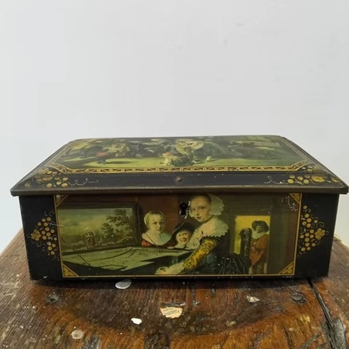 Antique Lithographed Tin Box with Dutch Golden Age Musical Scenes | https://share.google/6CrYWtdXa0rzOQhZ5