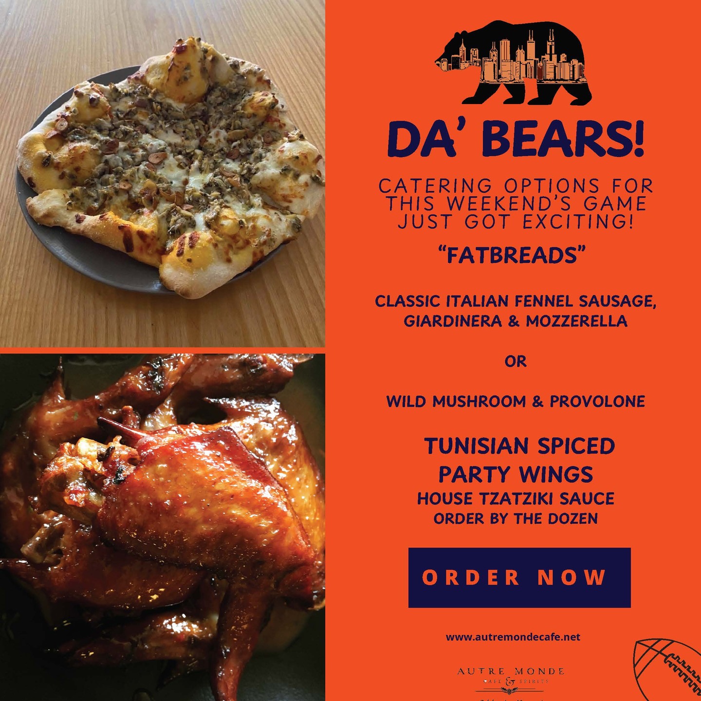 Ok we remember our '85 Bears and were inspired to offer some great options for this weekend's game for pick up starting at 2 pm or delivery starting at 5 pm. We will have PBR's & Miller Lite at the bar in case you want a cold one before the game. Order via our online ordering at www.autremoncecafe.net. Go Bears!