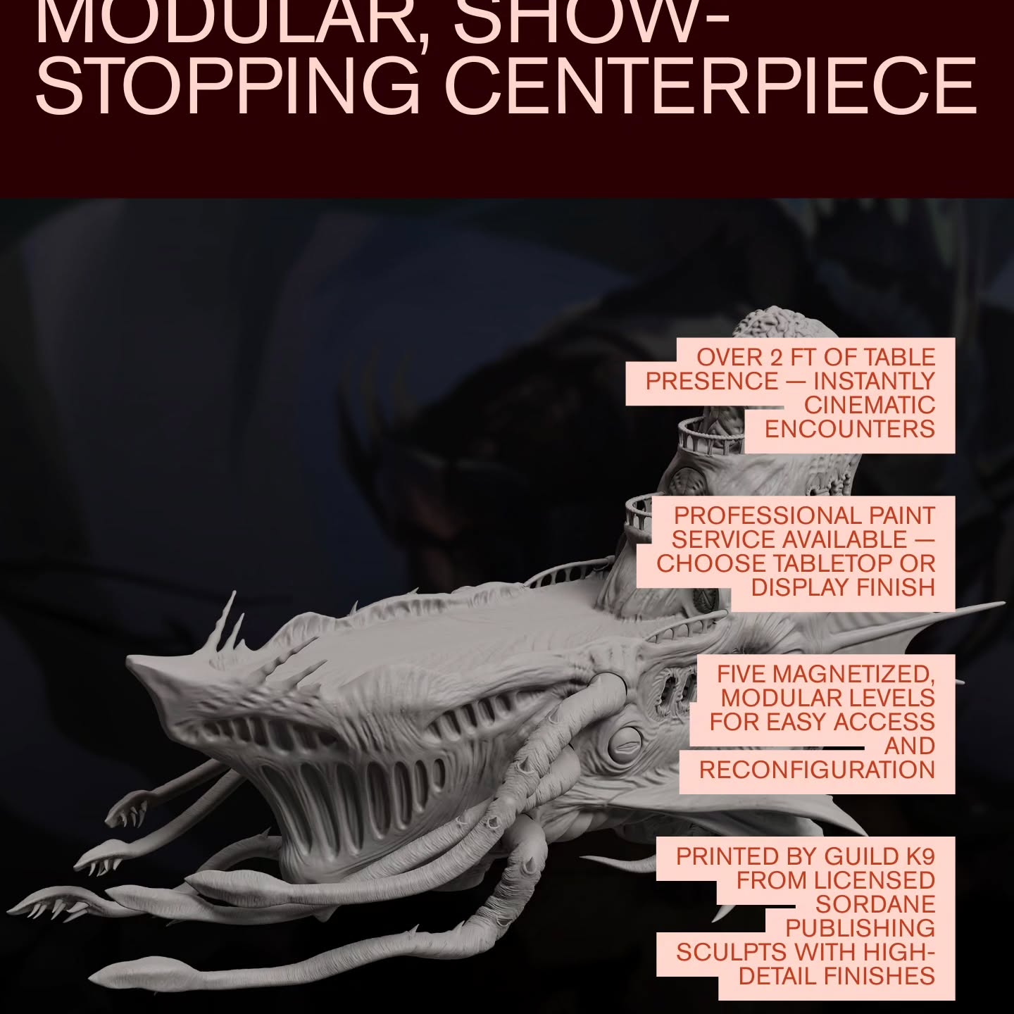 The Skies Will Never Be Safe Again. ☁️💀
Caption:
Say hello to the Airship Reaper—a 2-foot masterpiece of biomechanical engineering and high-fantasy terror. This isn't just a miniature; it’s a centerpiece that demands attention the second it hits the table.
Produced by Guild K9 and featuring the incredible sculpts from Sordane Publishing, this beast is designed for DMs and collectors who want to take their game to the next level.
Why it’s a game-changer:
🔹 Over 2 Feet Long: A massive presence for cinematic boss fights.
🔹 5 Magnetized Levels: Modular decks allow for seamless interior combat and easy reconfiguration mid-session.
🔹 Professional Finishes: Available in high-detail resin with optional Tabletop or Display-grade paint services.
Whether you’re soaring through the Skies of Sordane or dropping this into your homebrew campaign, the Reaper is ready to harvest.
Which level would your players explore first? Let us know in the comments! 👇
#SkiesOfSordane #MiniaturePainting #TTRPG #DnD #TabletopGaming