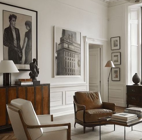 Tendance 2026
Mais en réalité élément déco intemporel.
Le cuir marron s’impose en revêtement de fauteuil ou de canapé pour apporter immédiatement une touche cosy et masculine à une décoration.
Il se patine avec le temps, gagnant en caractère/en authenticité et offre une assise chaleureuse et confortable.
Souvent associé à des ambiances sombres et feutrées, il se marie à merveille avec d’autres textures et matières, s’adaptant aussi bien à un style haussmannien classique qu’à une atmosphère campagne cottage.
Polyvalent dans ses couleurs et facile à entretenir, le cuir devient un point focal de la pièce, particulièrement lorsqu’il est mis en valeur dans des espaces lumineux où élégance rime avec confort.
Et vous, vous seriez plutôt pièce ultra design, canapé Chesterflield ou bon vieux fauteuil club qui a vécu ?
Sources 📷 : Pinterest & IA
(sauf 1, saurez-vous deviner laquelle ? 😉)