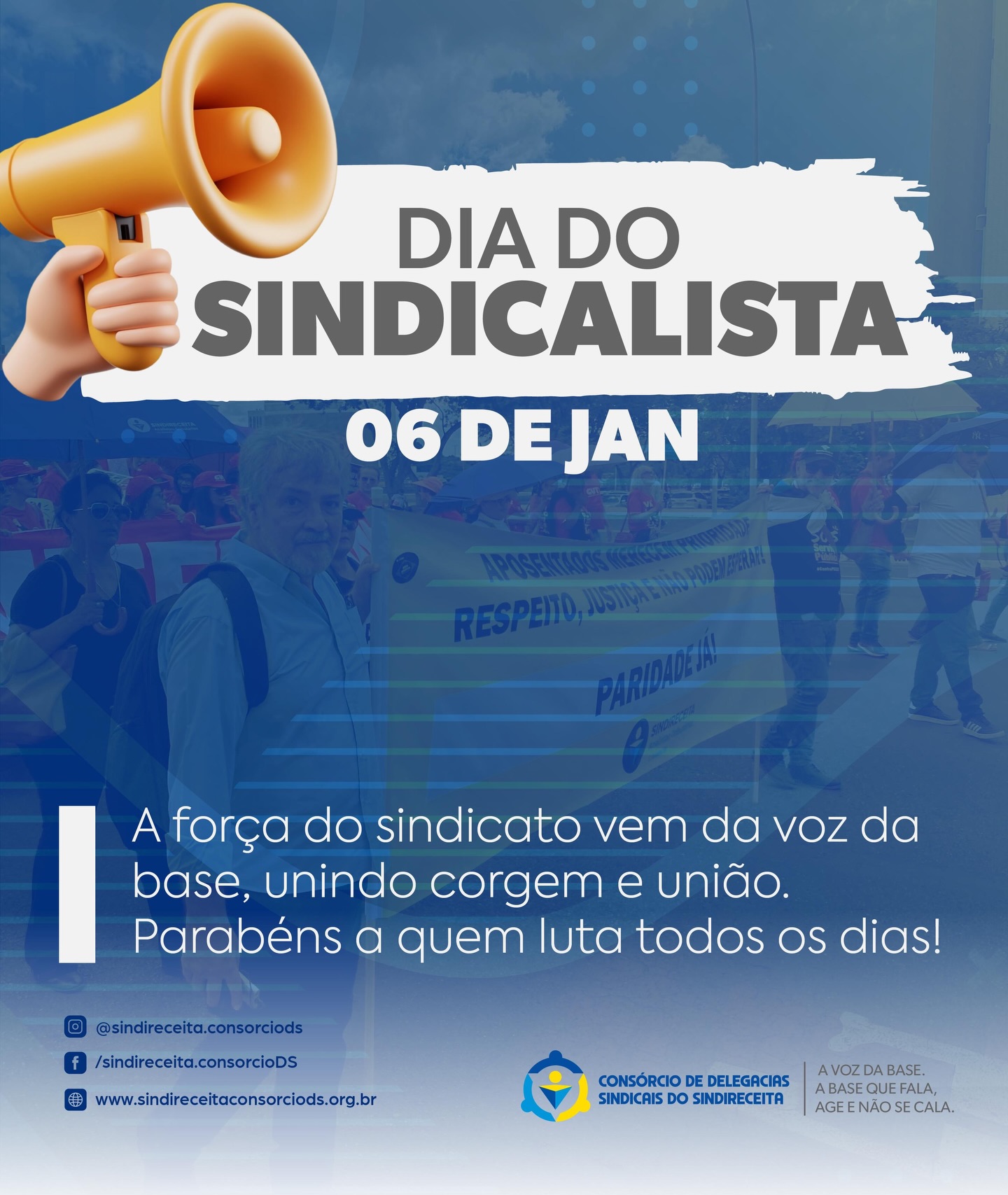 A luta é o nosso compromisso diário! ✊📝
Hoje, 6 de janeiro, celebramos o Dia do Sindicalista. Mais do que uma data no calendário, é um dia para reconhecer a importância de quem se dedica a defender os direitos coletivos, muitas vezes sacrificando seu tempo pessoal em prol do bem comum.
No Consórcio das Delegacias Sindicais do Sindireceita, acreditamos que o verdadeiro sindicalismo se faz ouvindo a base, com transparência e coragem para enfrentar os desafios.
Ser sindicalista é não aceitar retrocessos, é organizar a indignação e transformá-la em mobilização real.
Parabéns a todos os colegas Analistas-Tributários que, seja nas Delegacias Sindicais ou no dia a dia das repartições, mantêm acesa a chama da luta por uma Receita Federal mais justa e uma carreira valorizada.
Juntos somos gigantes! Vamos continuar construindo essa história.
A mobilização continua!
#AnalistaTributario #Sindireceita #ConsorcioDS #Mobilização #ReceitaFederal União