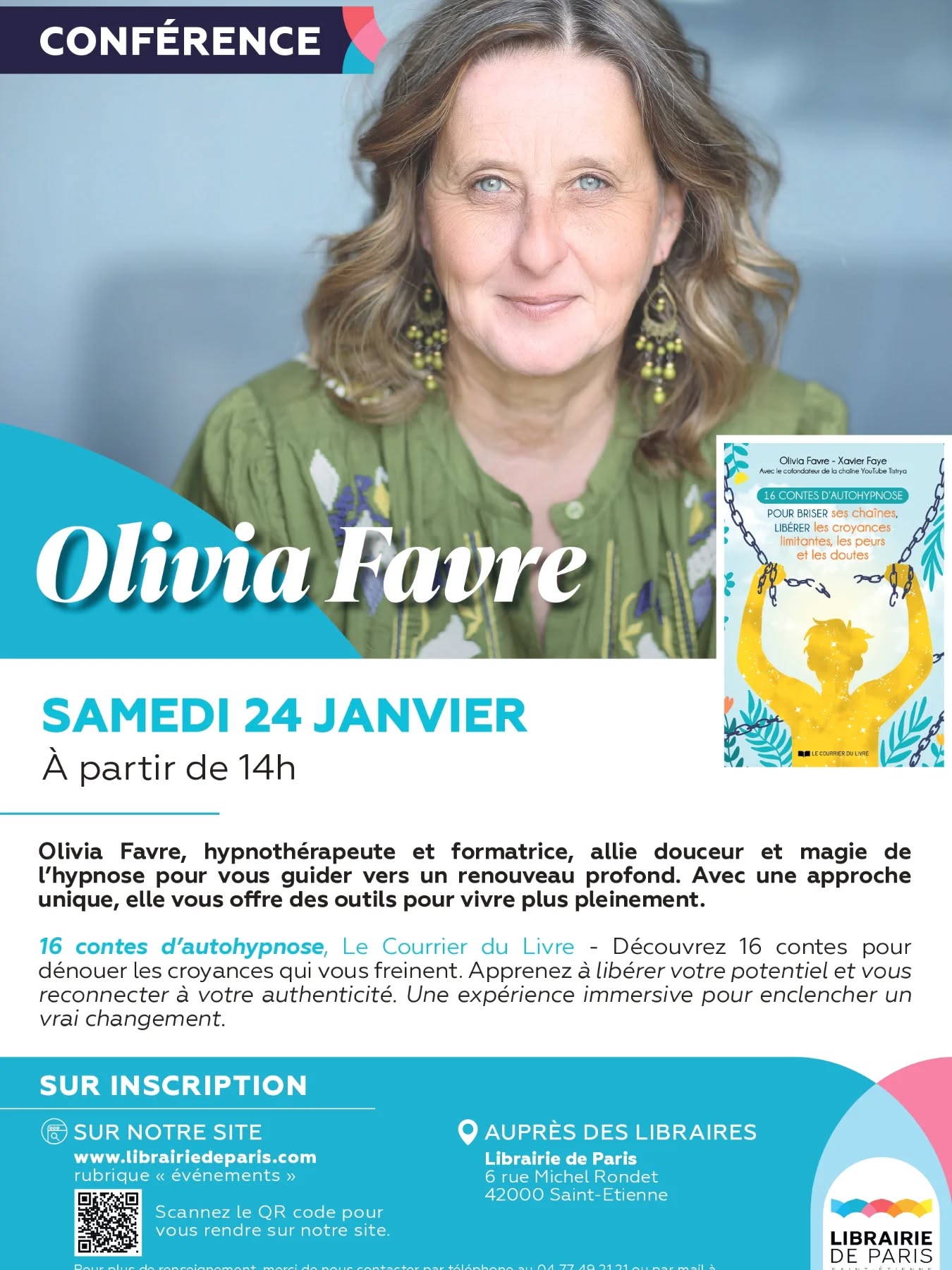 Samedi 24 janvier à 14h, je serai en conférence à la merveilleuse @librairiedeparis42 à St Etienne. Pendant 1h, je vous expliquerai comment l'hypnose régressive peut vous permettre de passer de la douleur à la sérénité. Je vous présenterai des cas de personnes qui grâce aux séances ont pu se libérer. Comment en retournant dans le passé ont peu avoir un autre regard sur les évènements et en guérir. Je vous presenterai des outils pour mieux appréhender l'avenir et vous reconnecter à cet être merveilleux que vous êtes. Et si vous avez des questions j'y répondrai avec le plus grand des plaisirs.
A bientôt ☺️☀️
#dedicaces #conference #hose #16contesdautohypnosepourbriserseschaines #tredanielbienvivre